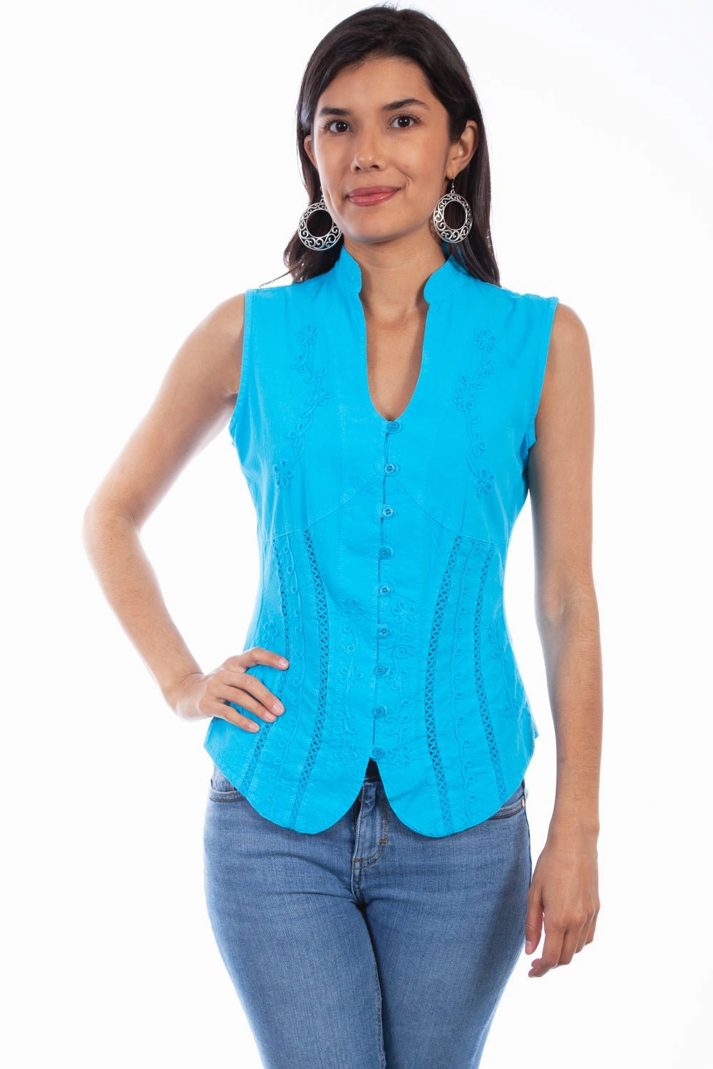 Scully Womens Turquoise 100% Cotton Soutache S/L Blouse Metallic Finish Moisture Wicking Material