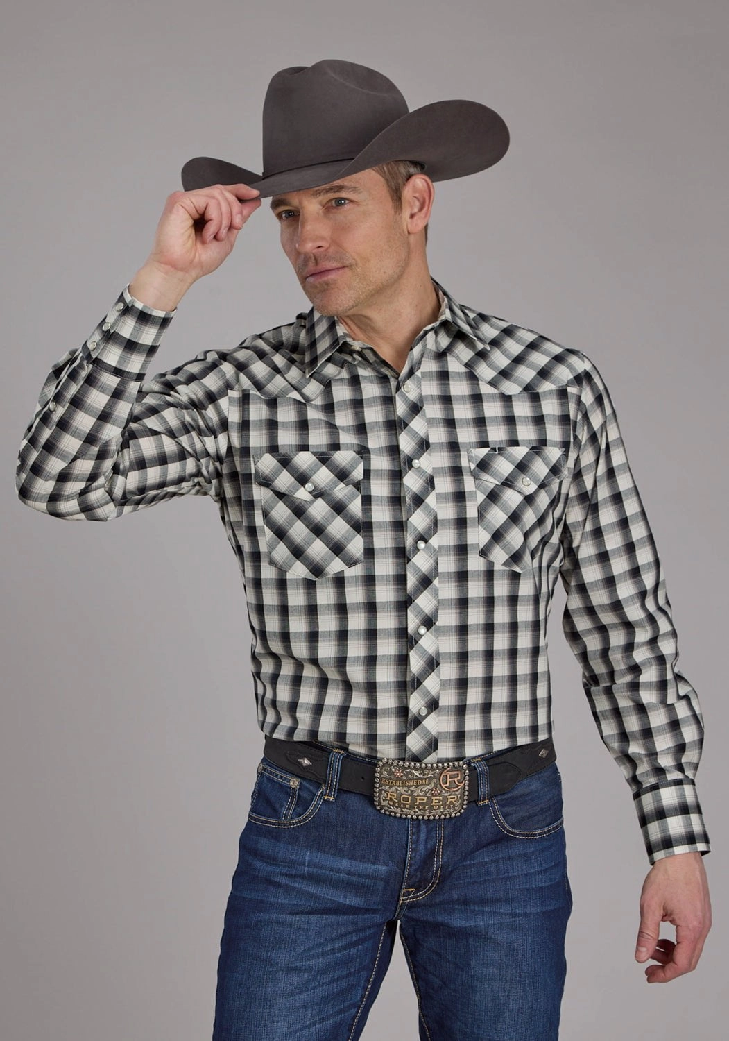 Pure Cotton Roper Mens 2125 Plaid Blue/Black Cotton Blend L/S Shirt