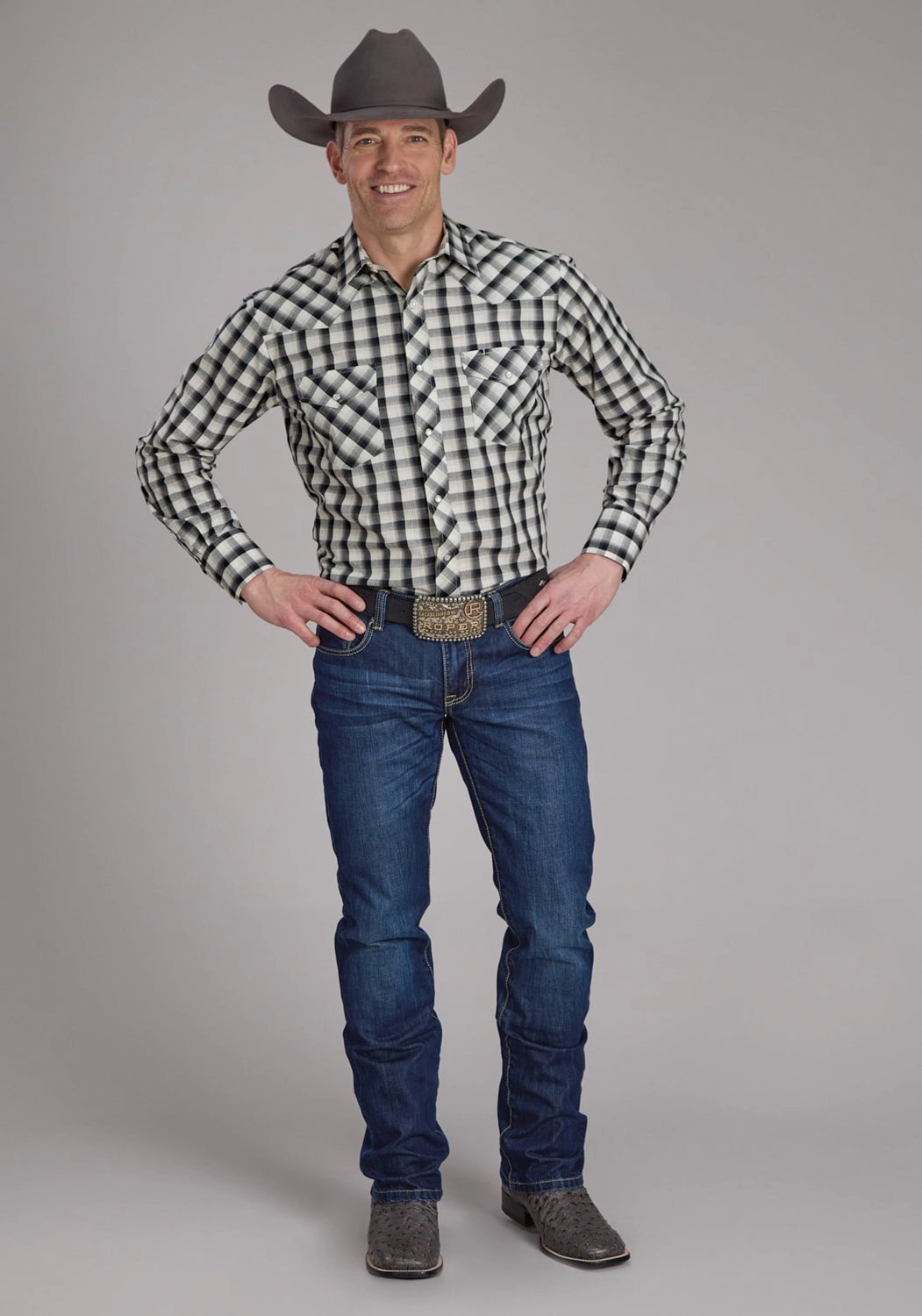 Roper Mens 2125 Plaid Blue/Black Cotton Blend L/S Shirt Workwear Approved Modern Fit