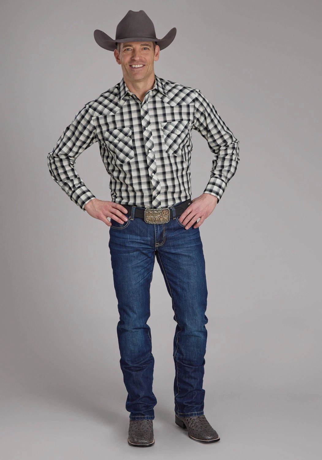 Textured Finish Roper Mens 2125 Plaid Blue/Black Cotton Blend L/S Shirt