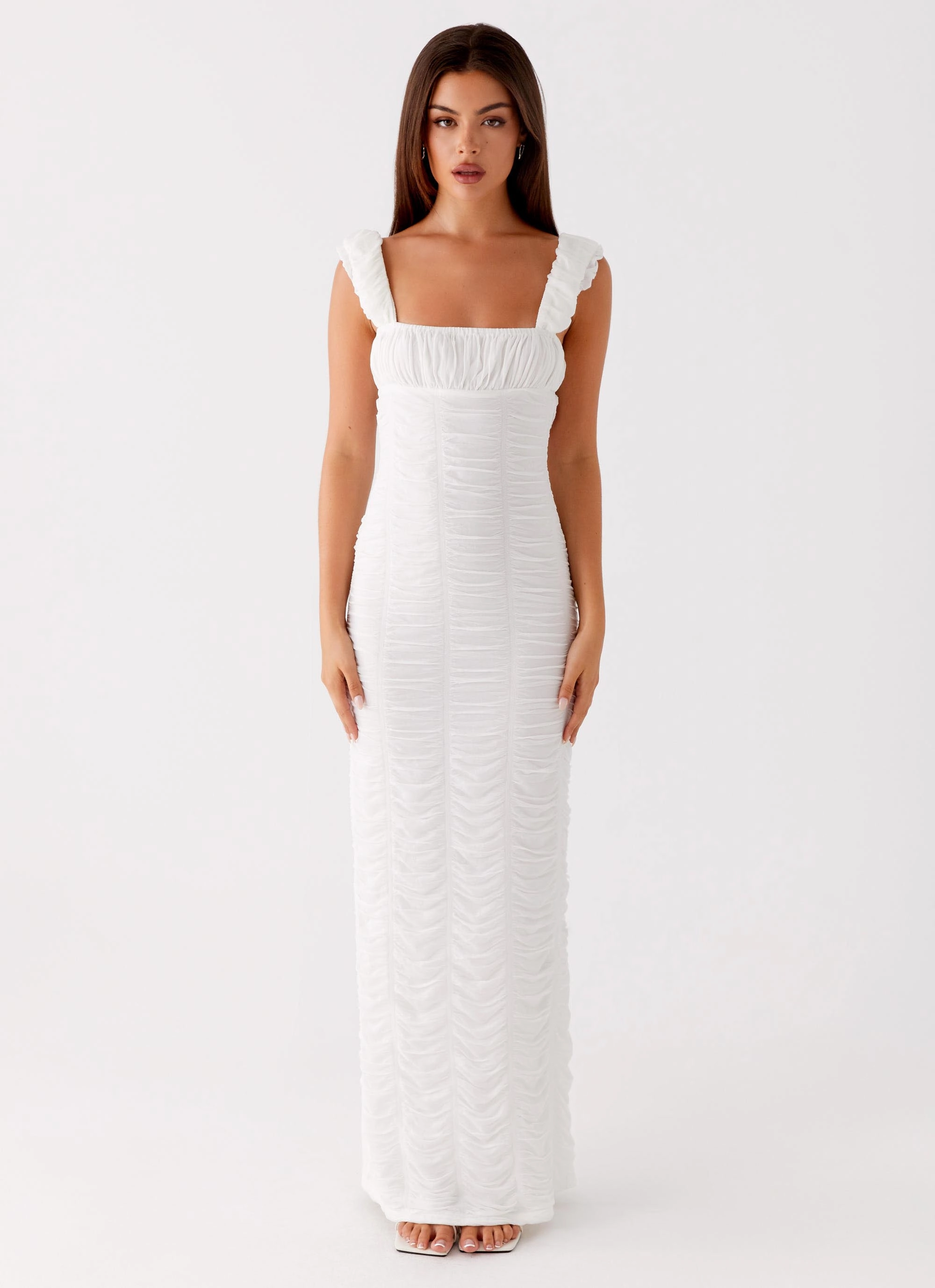 Senses Midi Dress - White Gathered Skirt