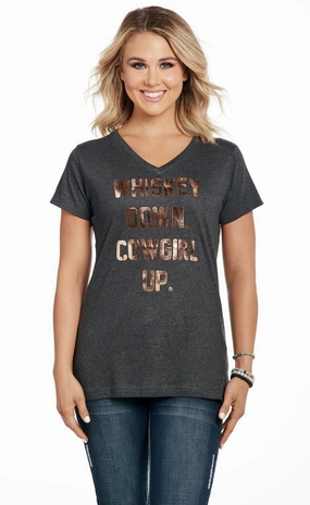 Cowgirl Up Womens Whiskey Down Heather Grey 100% Cotton S/S T-Shirt Quick Release Placket