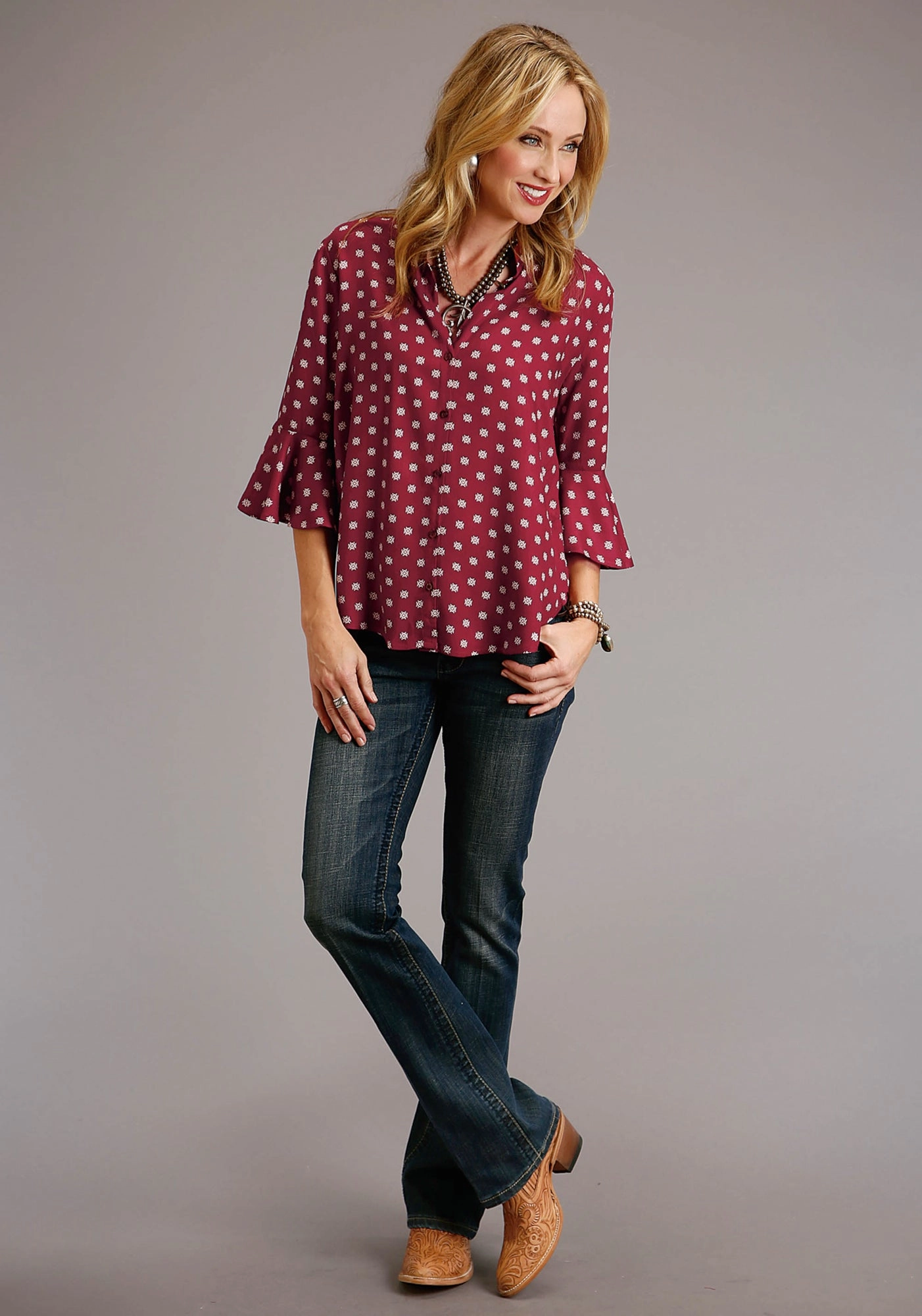 Stetson Womens Wine Rayon/Nylon Aztec Ditzy S/S Button Blouse Odorless Binding Tape