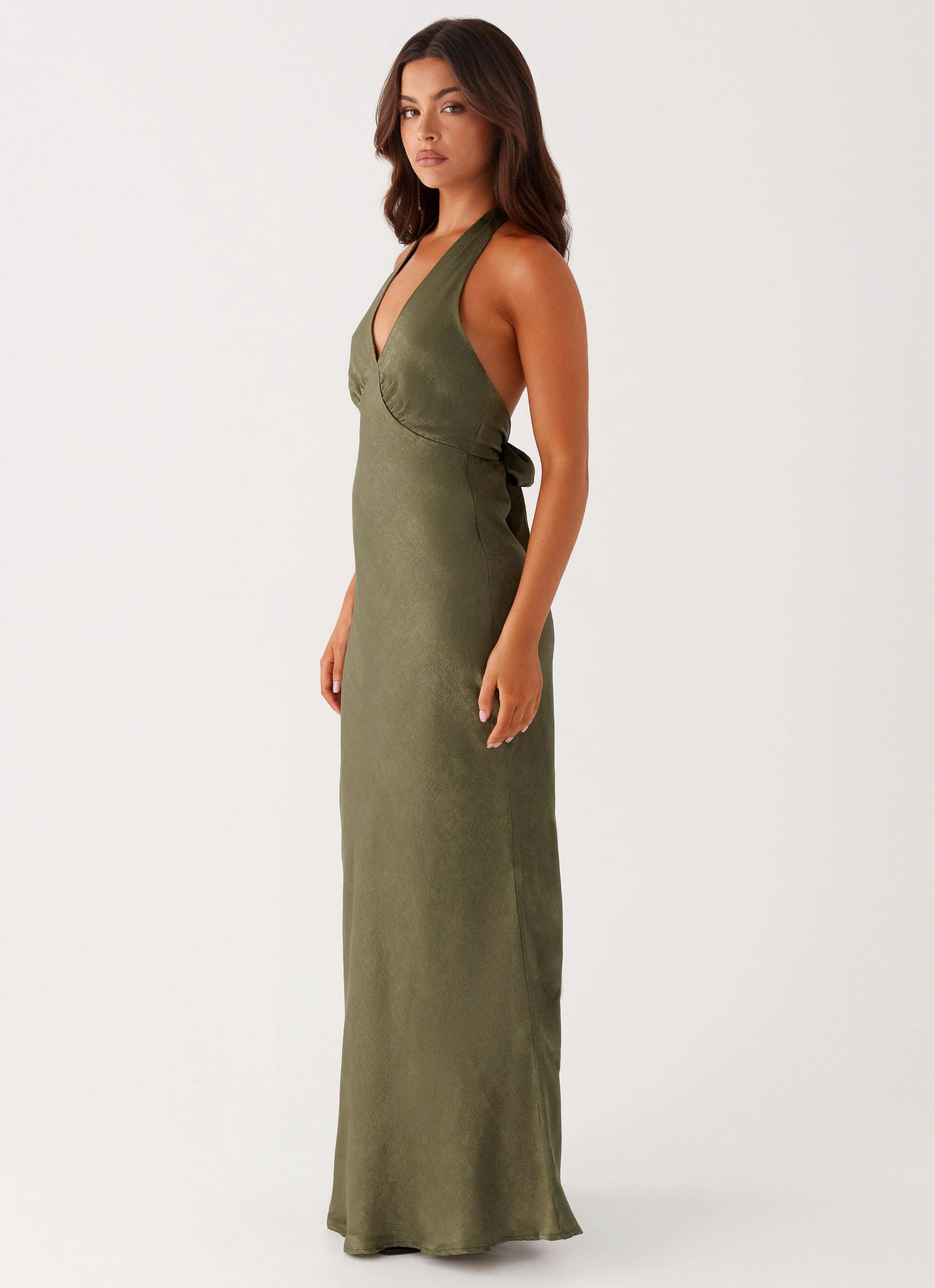 Kimono-Sleeve Heavy Hearted Satin Maxi Dress - Khaki