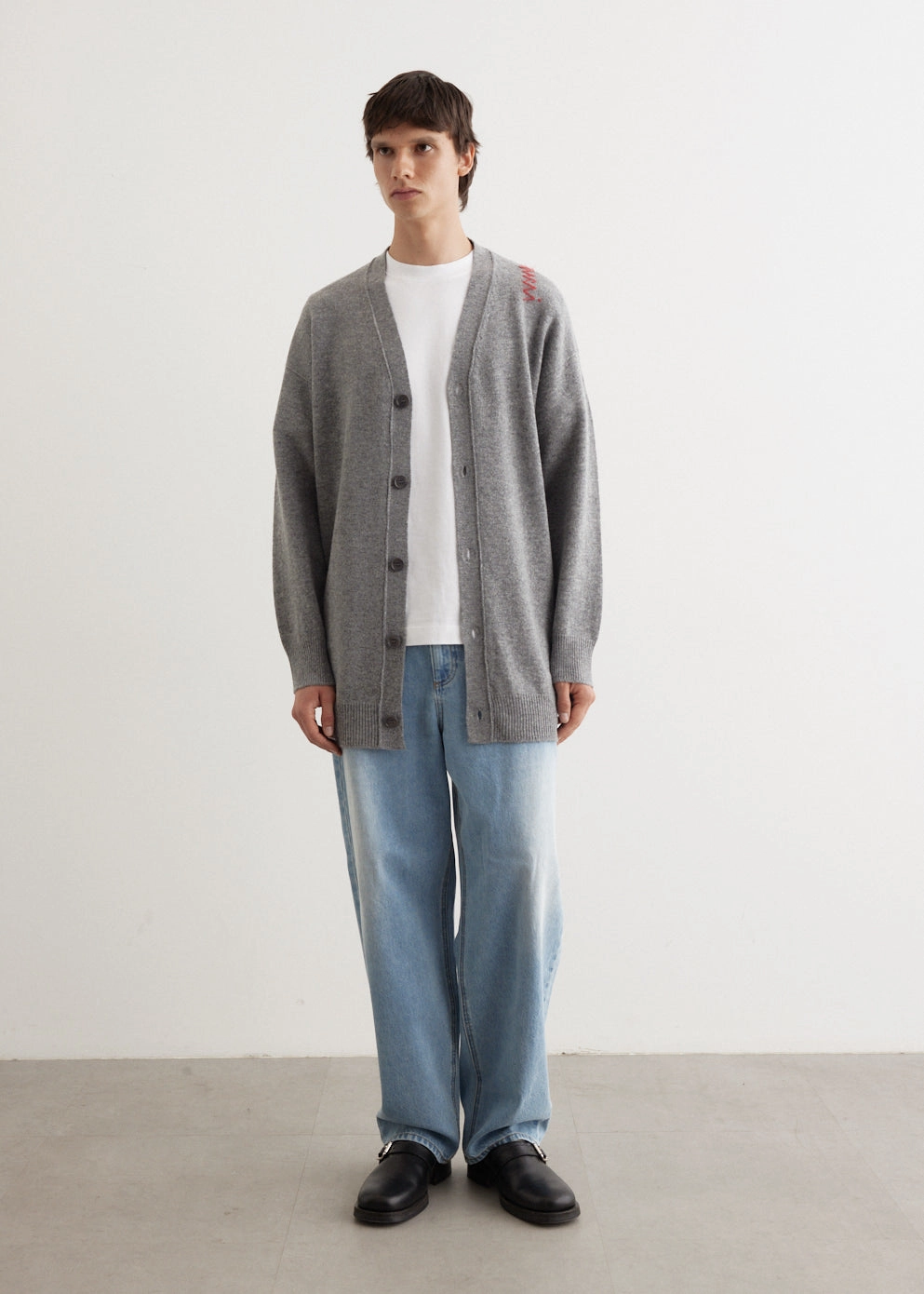 Ribbed Collar Design Oversized Embroidered Logo Cardigan