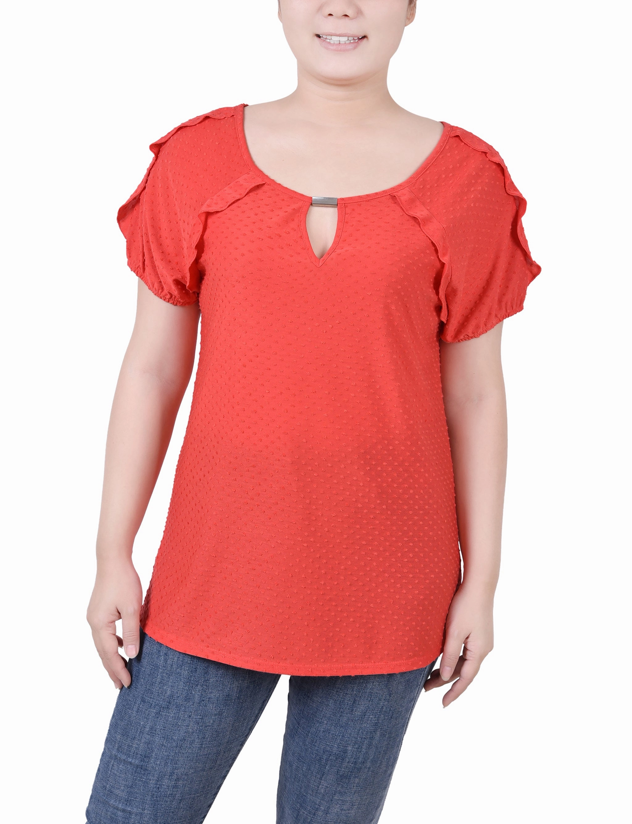 Petite Short Sleeve Swiss Dot Top Flexible Knit Construction