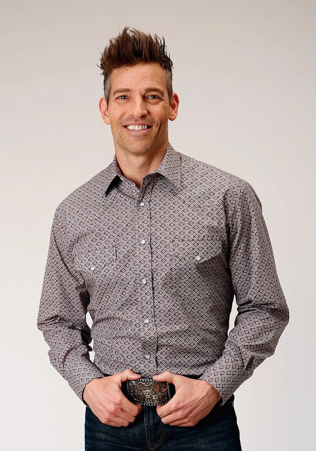 Twill Weave Roper Mens Taupe Retro Wine Cotton Blend L/S Shirt