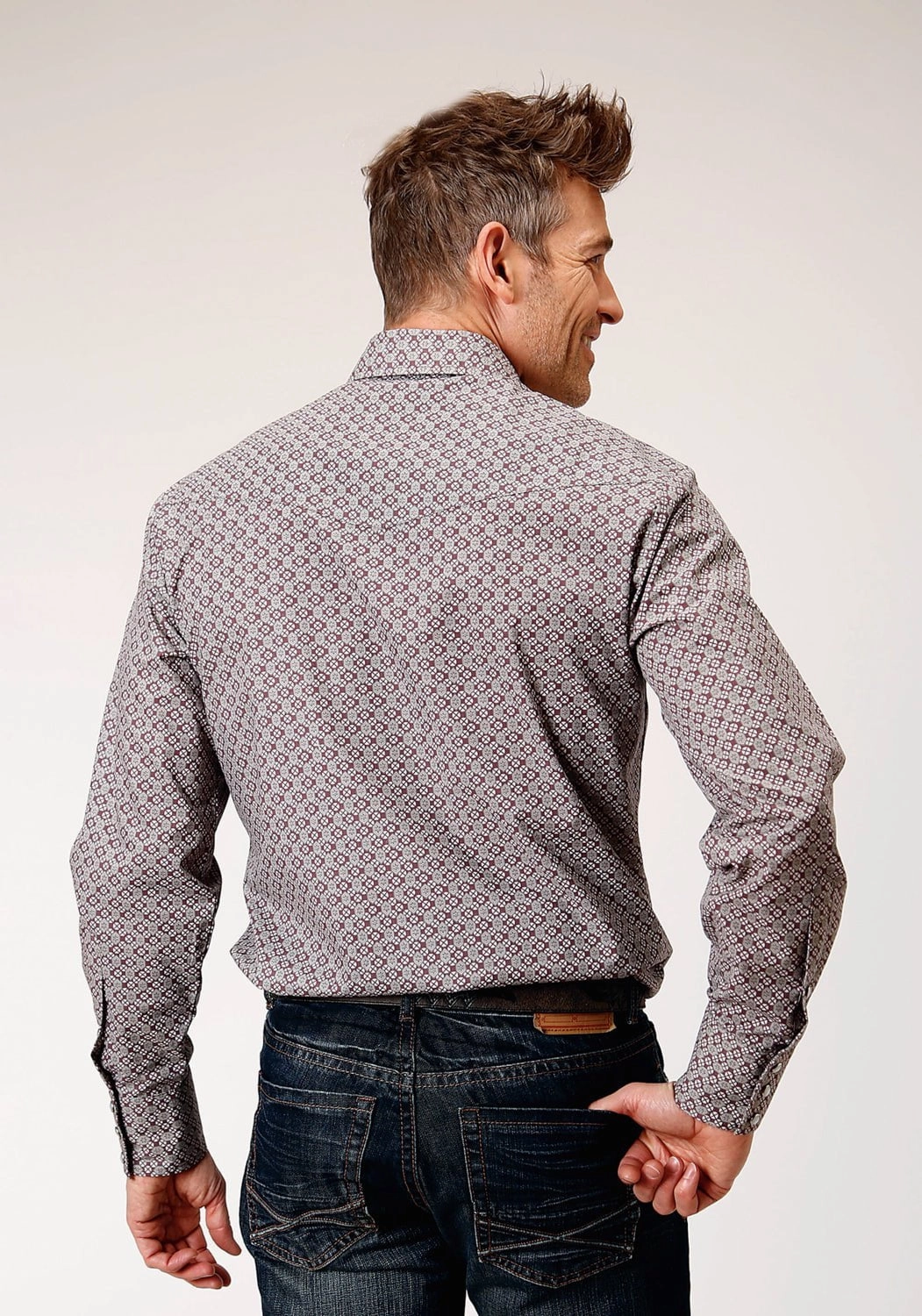 Button-up Roper Mens Taupe Retro Wine Cotton Blend L/S Shirt