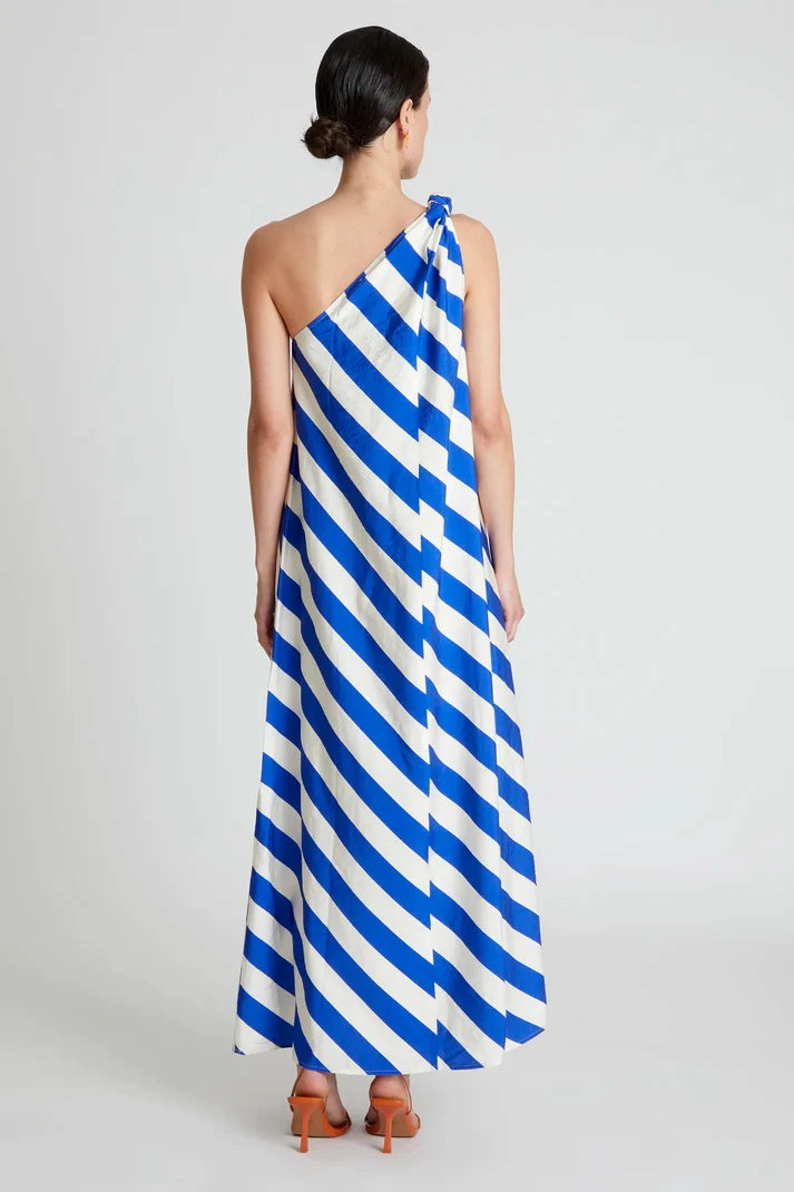 One Shoulder Maxi Dress in Blue and White Stripe Move Free Fresh Combo