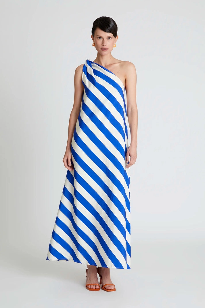 One Shoulder Maxi Dress in Blue and White Stripe Comfy Look