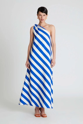 One Shoulder Maxi Dress in Blue and White Stripe Comfy Look