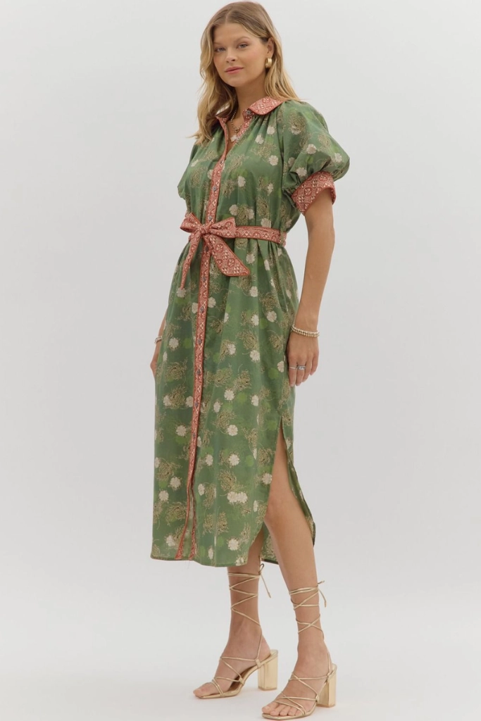 Autumn Floral Belted Midi Dress Stylish and Comfortable