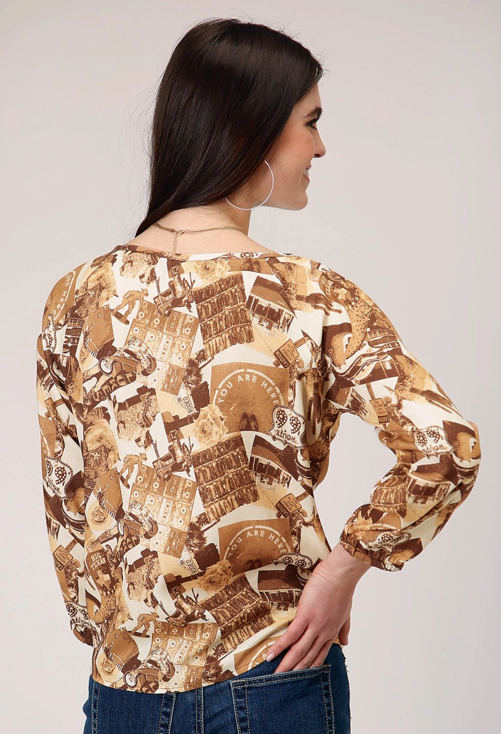 Roper Womens Collage 3/4 Sleeve Brown 100% Rayon L/S Blouse Polished Finish