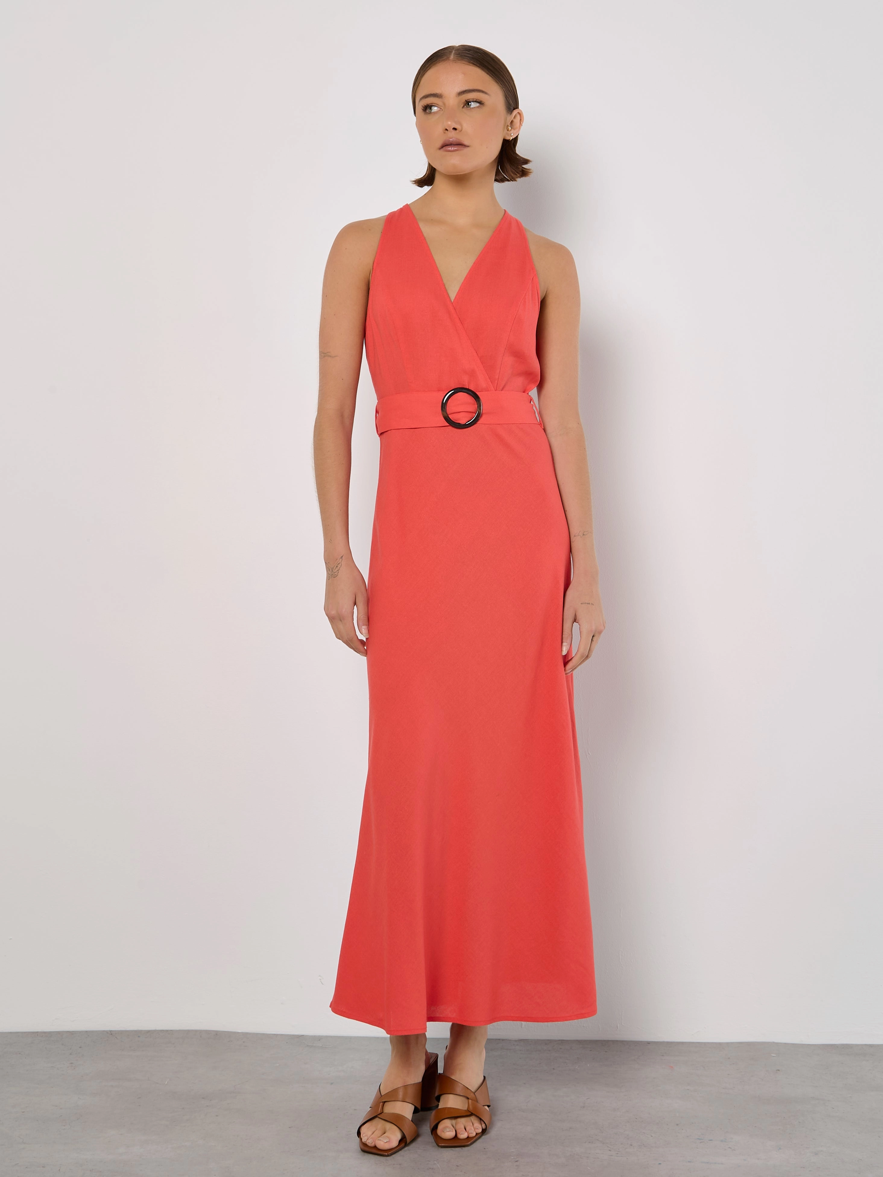 Street Casual Daytime Mood Sleeveless Faux Wrap Midi Dress in Watermelon