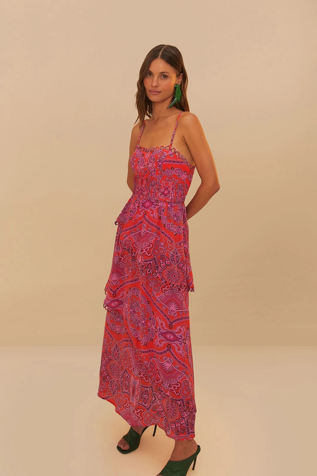 Paisley Scarf Loopy Trim Maxi Dress in Red Relaxed Fit Look SmoothEdgeFinish