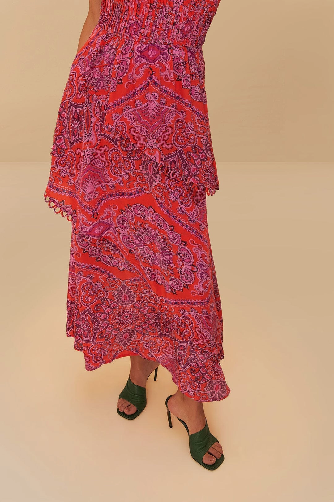Daily Casual Paisley Scarf Loopy Trim Maxi Dress in Red