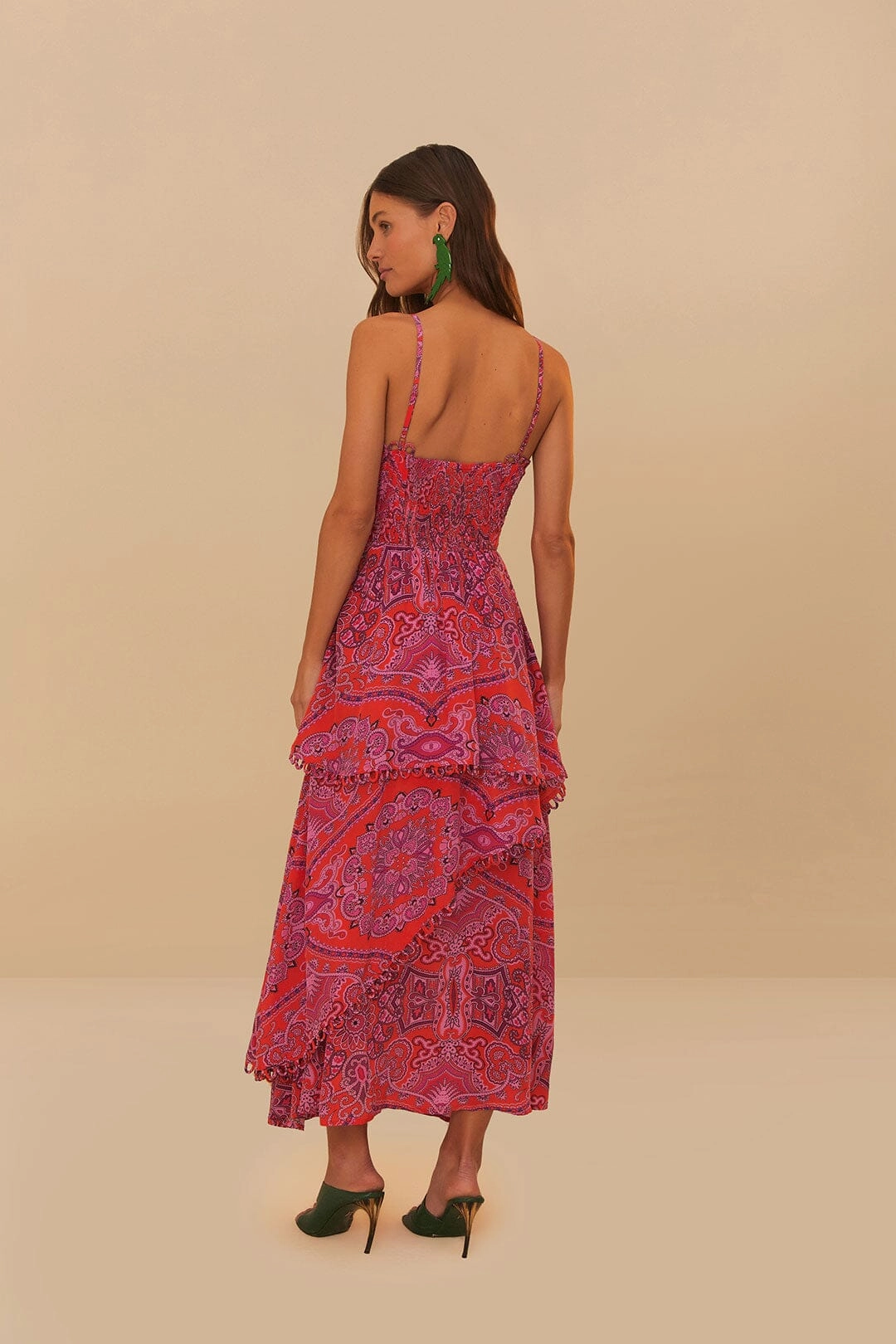 Gentle Shine Paisley Scarf Loopy Trim Maxi Dress in Red