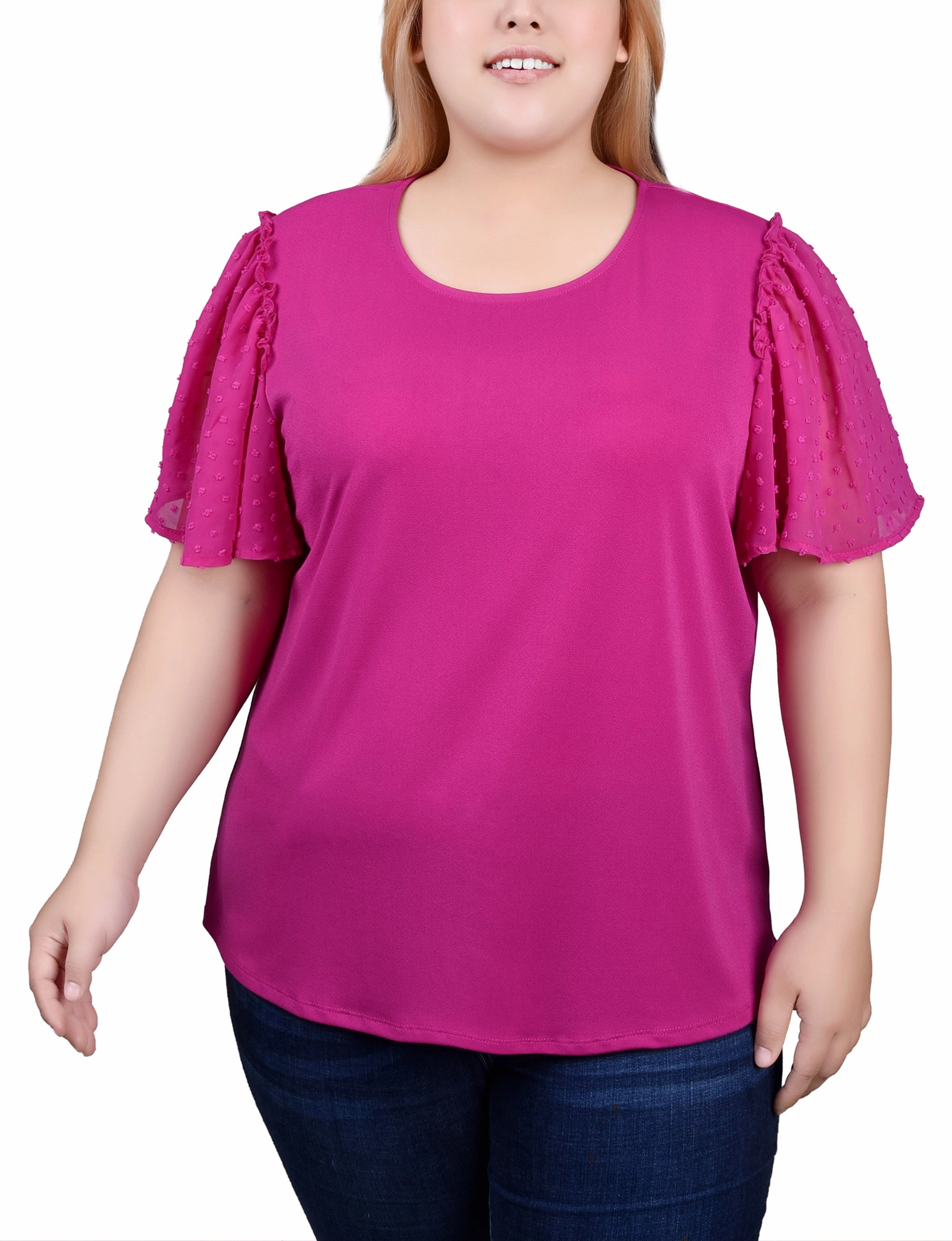 Classic Edge Satin-Sleeve Plus Size Clip Dot Flutter Sleeve Top