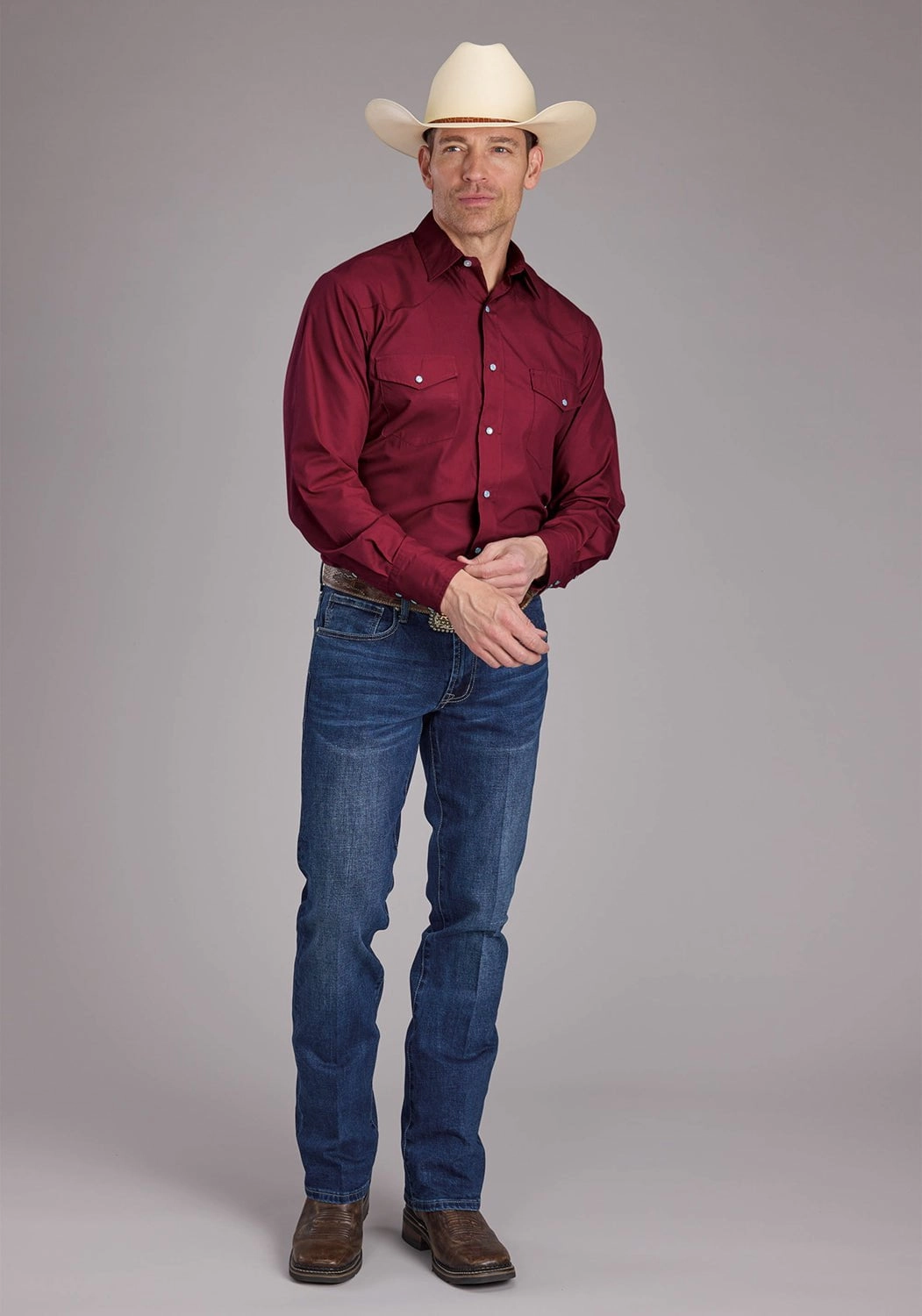Casual Elegance Multi Pocket Design Roper Mens 2445 Solid Broadcloth Berry Cotton Blend L/S Shirt