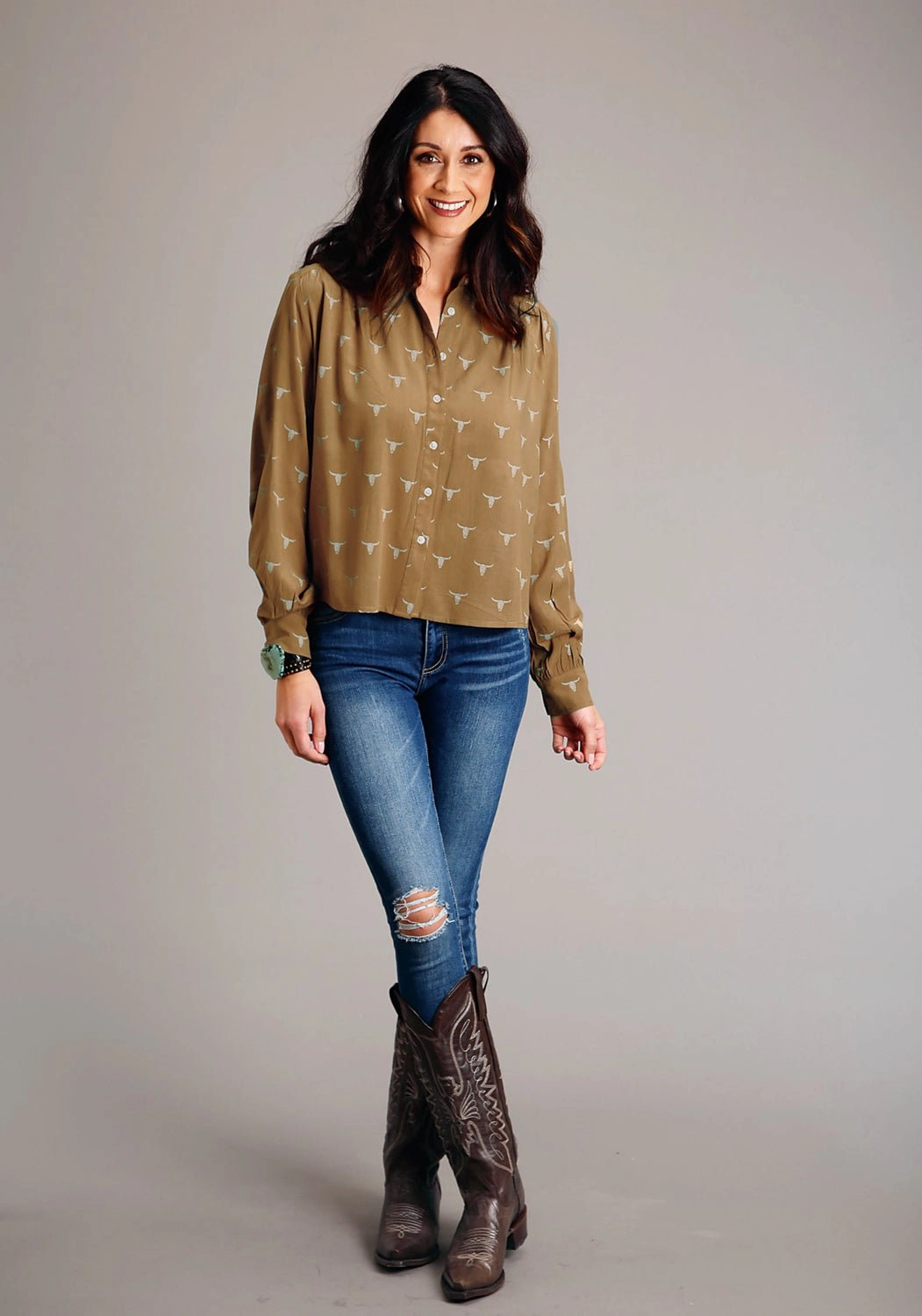 Layering Essential Stetson Womens Mojave Steer Head Brown 100% Rayon L/S Blouse