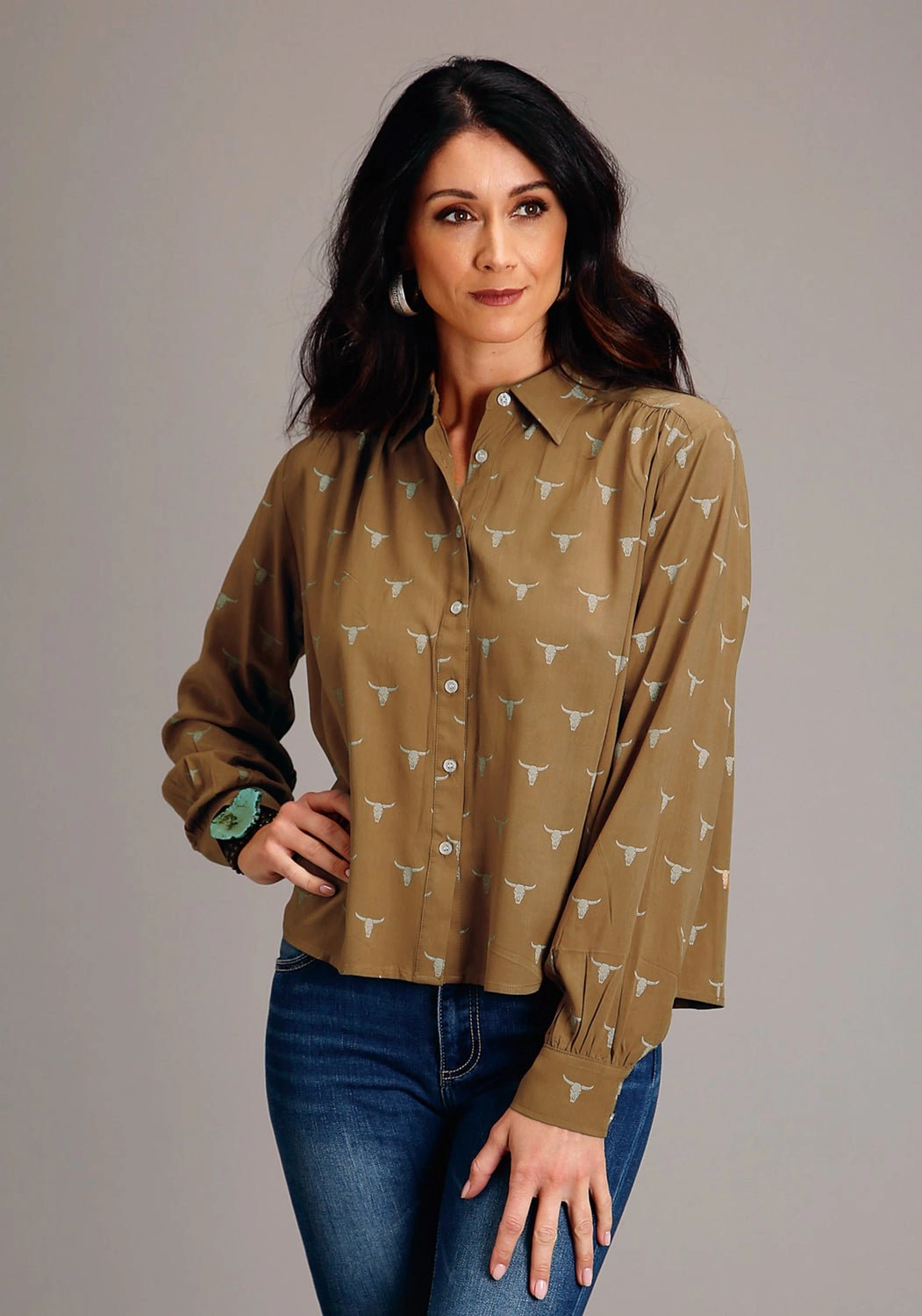 Stetson Womens Mojave Steer Head Brown 100% Rayon L/S Blouse Double Stitched Hems Button front