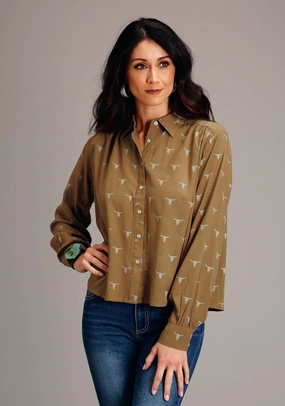 Stetson Womens Mojave Steer Head Brown 100% Rayon L/S Blouse UV Protective Coating
