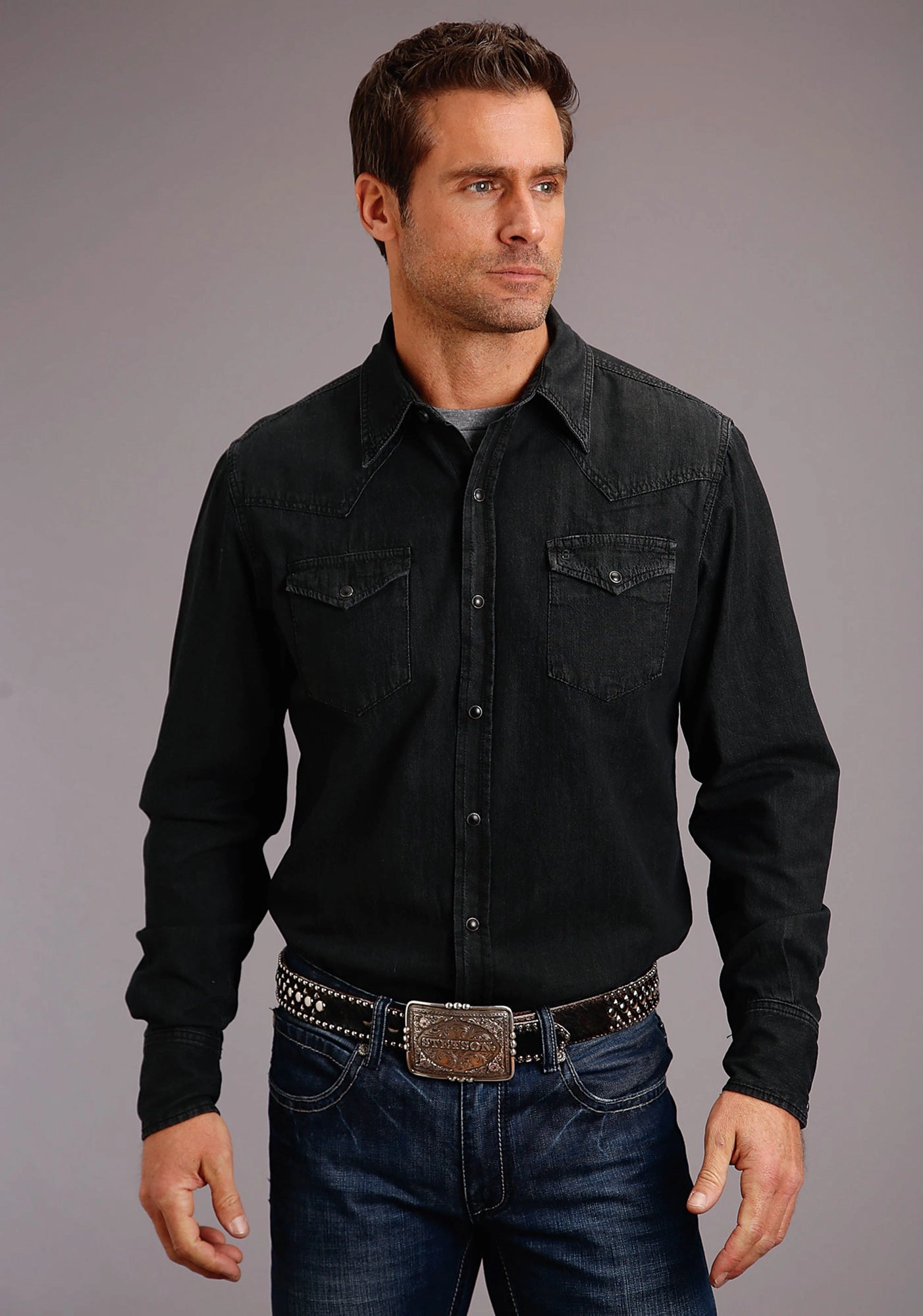 Travel Essential Stetson Mens Black 100% Cotton Western Denim L/S Shirt