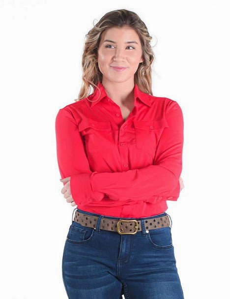 Cowgirl Tuff Womens Breathe Instant Pullover Bright Red Nylon L/S Blouse Stretchable Cloth