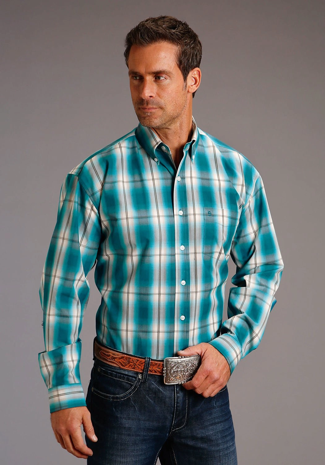 Gym Appropriate Business Meeting Stetson Mens Turquoise 100% Cotton Vintage Plaid BD L/S 1 Pkt Shirt