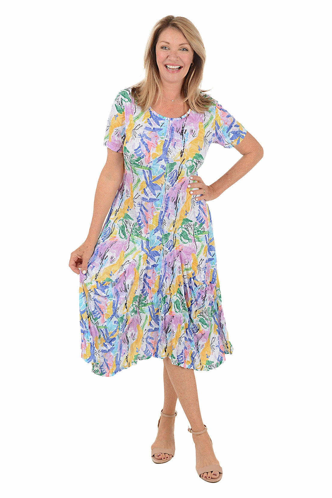 Mardi Gras Short Sleeve Draped Dress Front-Pocket Day-To-Night Wear