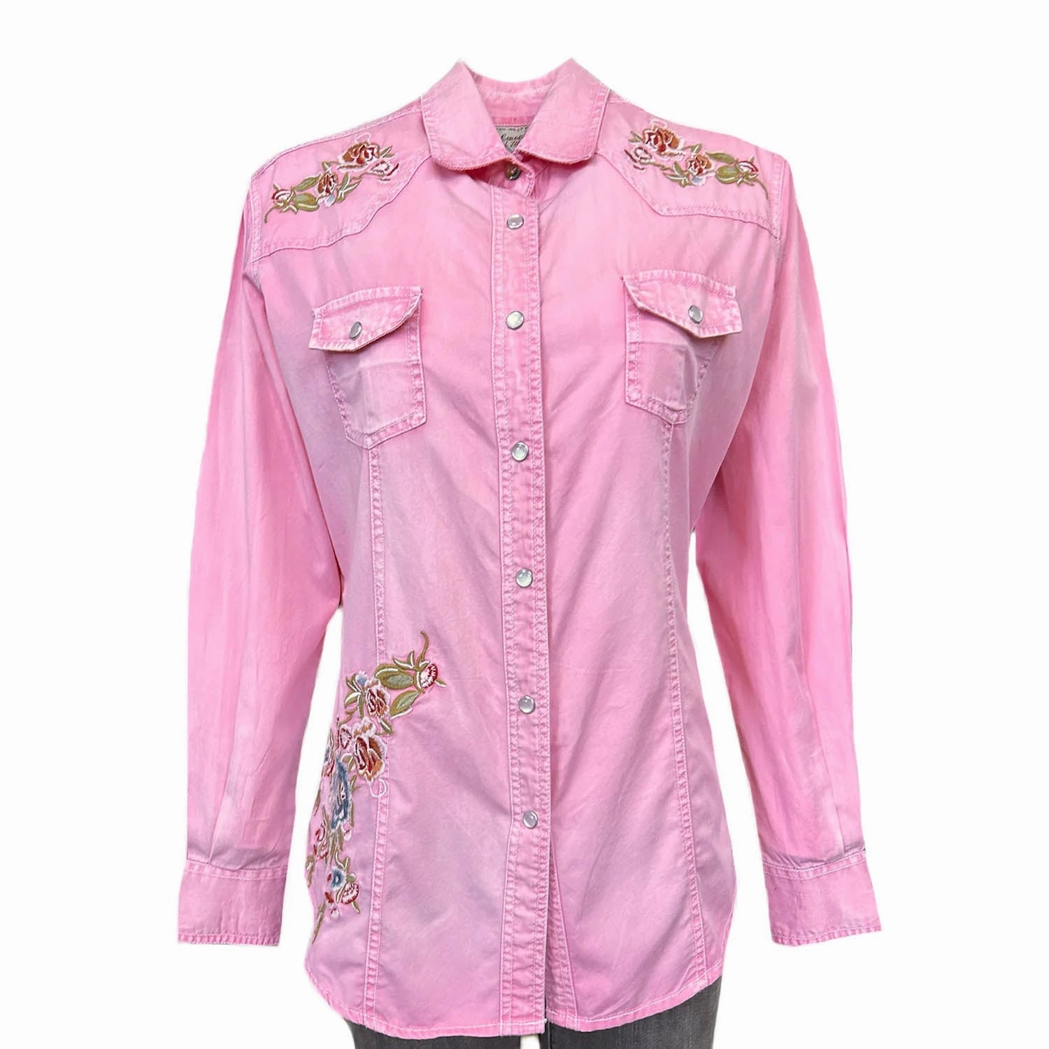 Rockmount Womens Denim Floral Embroidered Pink 100% Cotton L/S Shirt Ruffle Edge