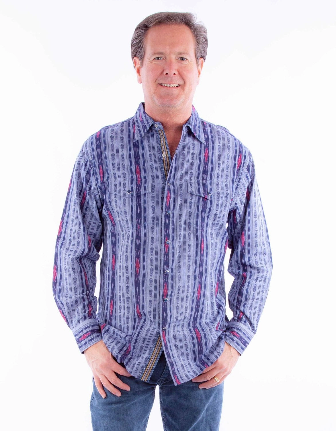 Soft Touch Subtle Details Scully Mens Signature Southwest Stripe Blue 100% Cotton L/S Shirt