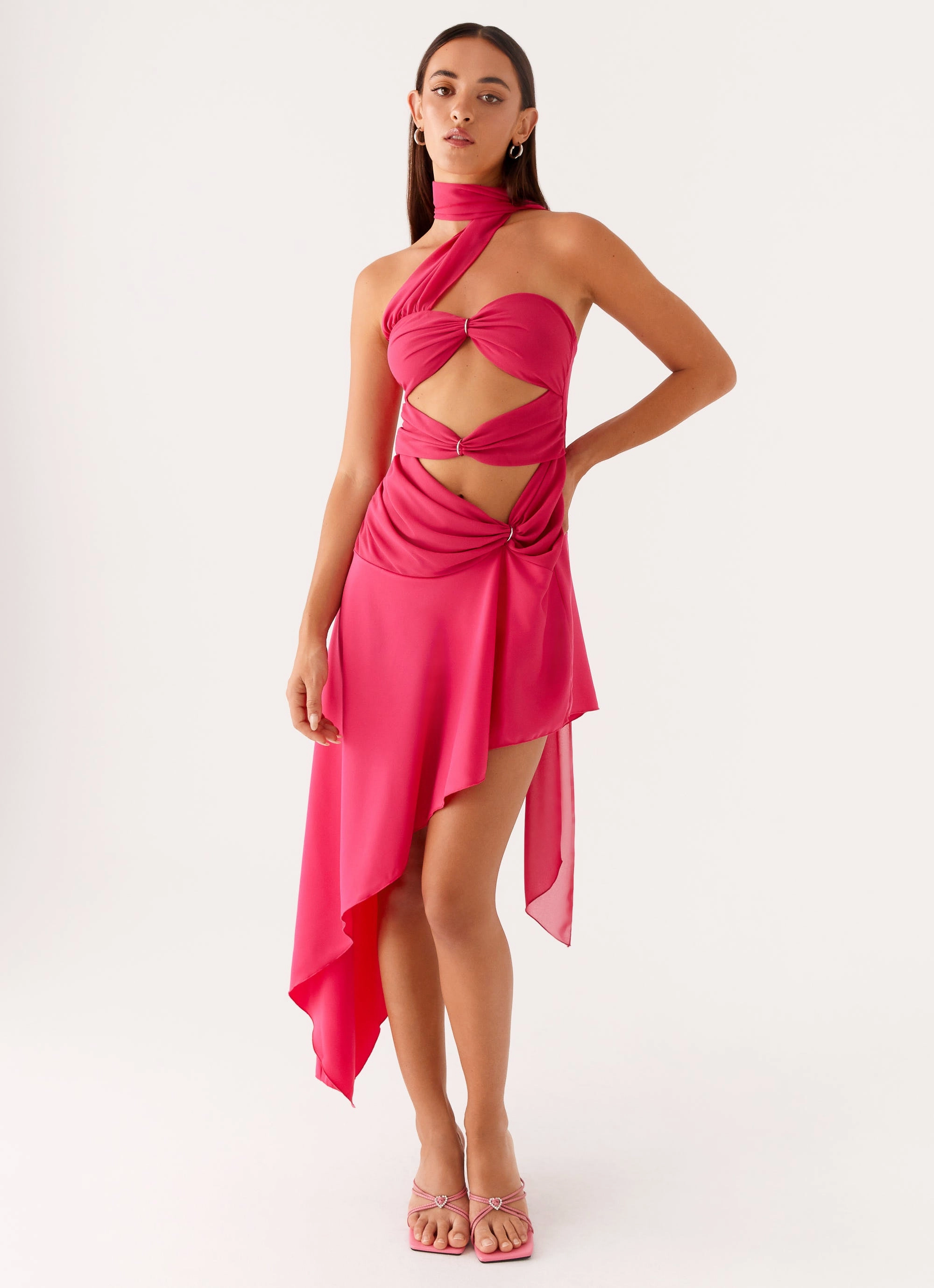 Snap-Closure Slimming Shape Circa Scarf Midi Dress - Hot Pink