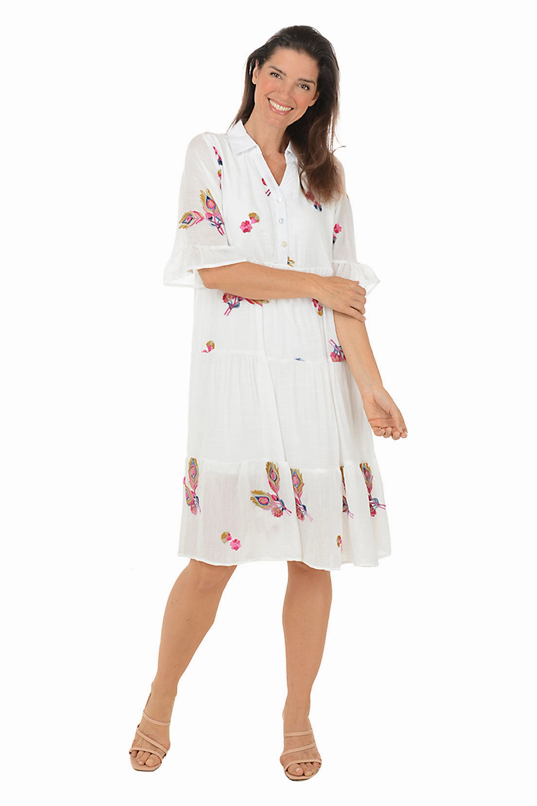 Peacock Feather Embroidered Tiered Dress Comfortable Design