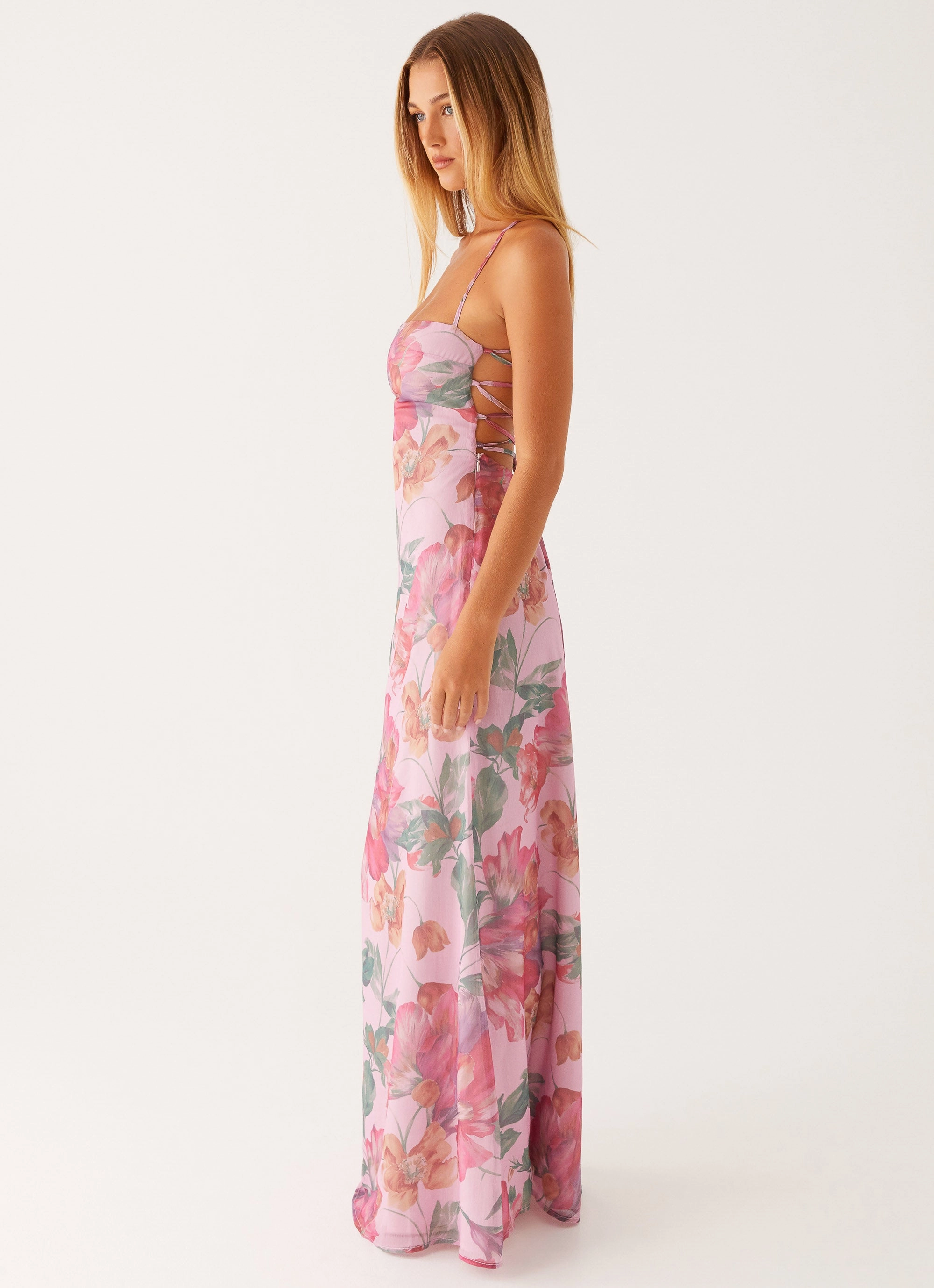 Sleek Draping Soft Finish Peggy Maxi Dress - Pink Floral