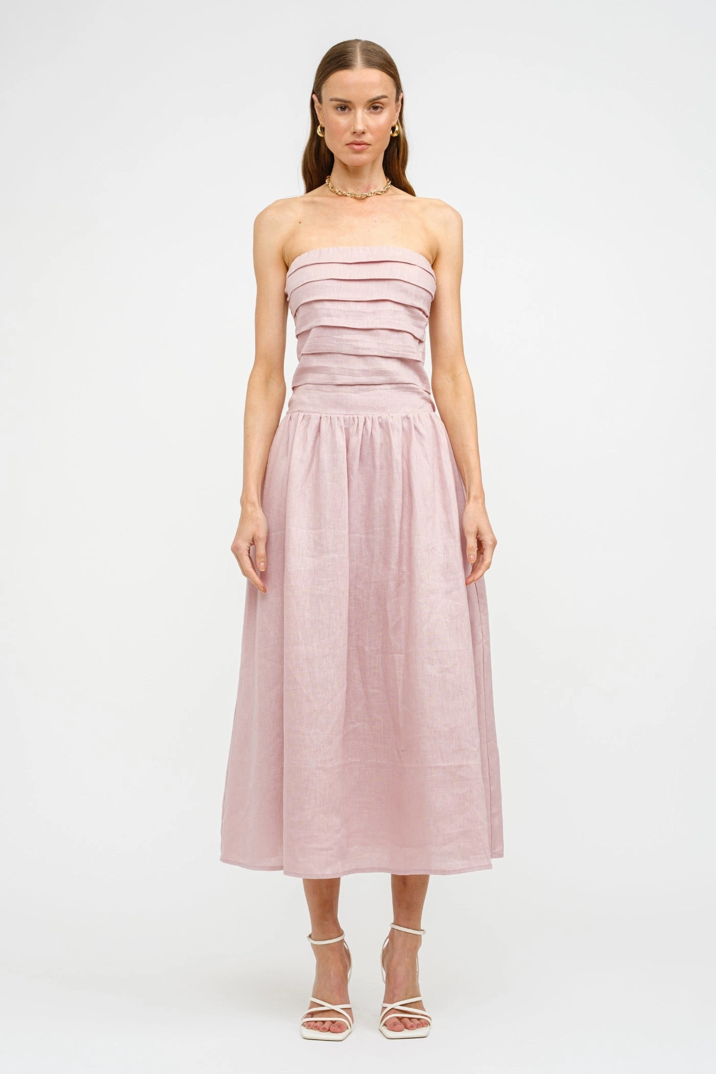 Gathered Skirt Effortless Vibe PENELOPE LINEN STRAPLESS MIDI DRESS