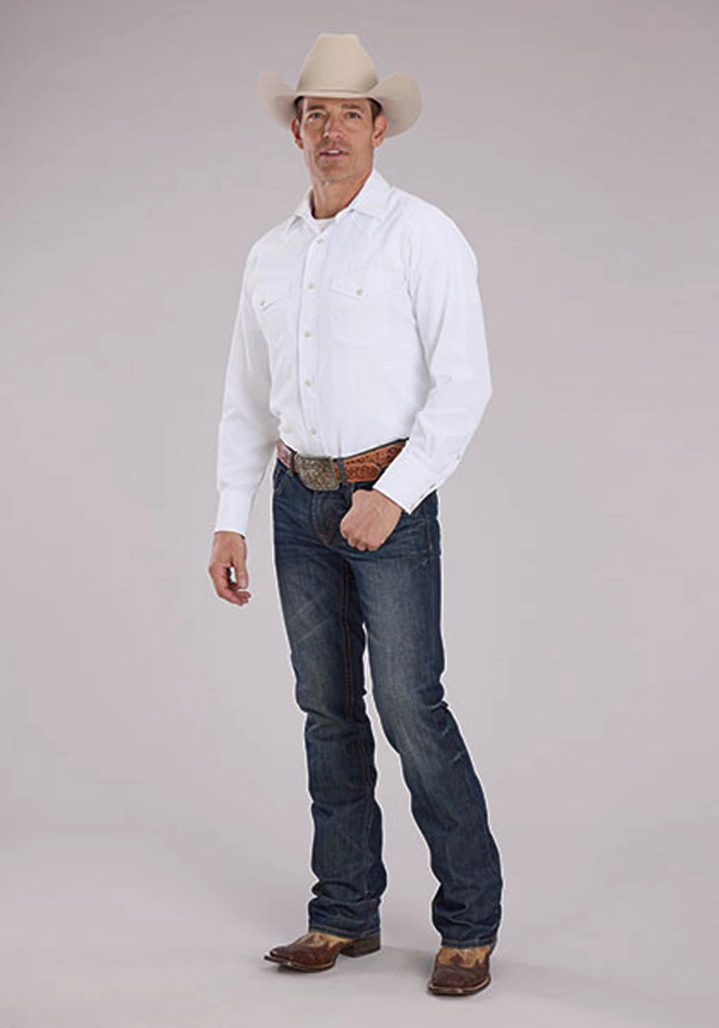 Pastel Shade Stretchy Cloth Roper Mens Aztec Tone on Tone White Cotton Blend L/S Shirt