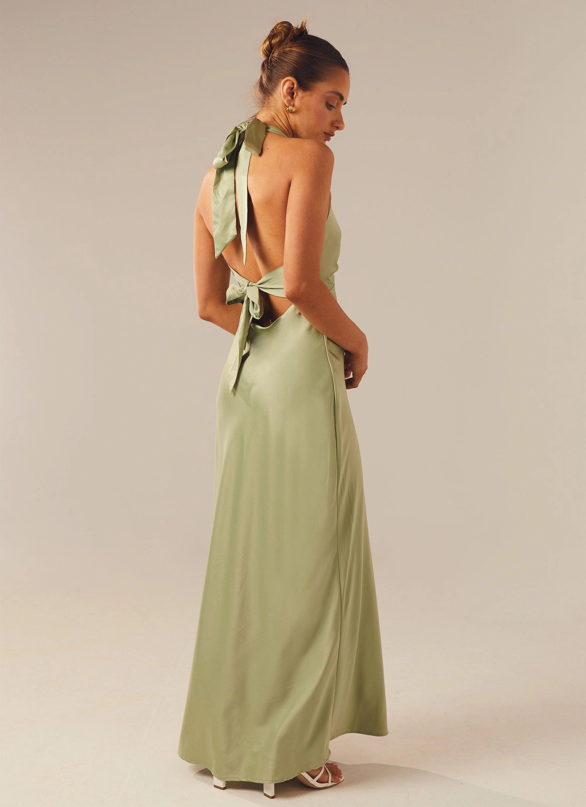 A Line Cut Fashion Look Heavy Hearted Satin Maxi Dress - Sage