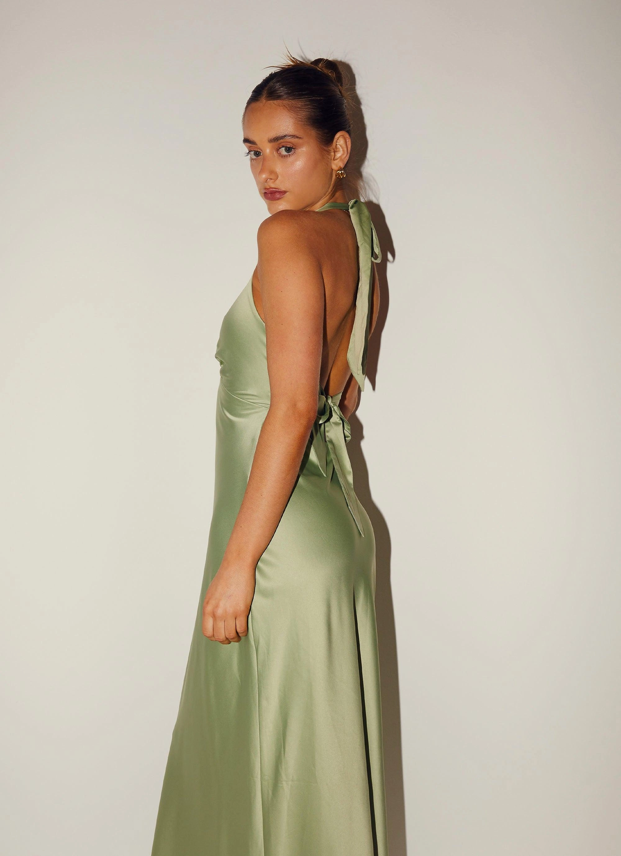Front-Pocket Smooth Look Heavy Hearted Satin Maxi Dress - Sage