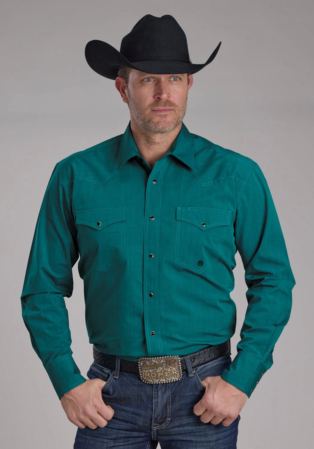 Roper Mens 2249 Black Fill Teal 100% Cotton L/S Shirt Mountain Retreat Urban Edge