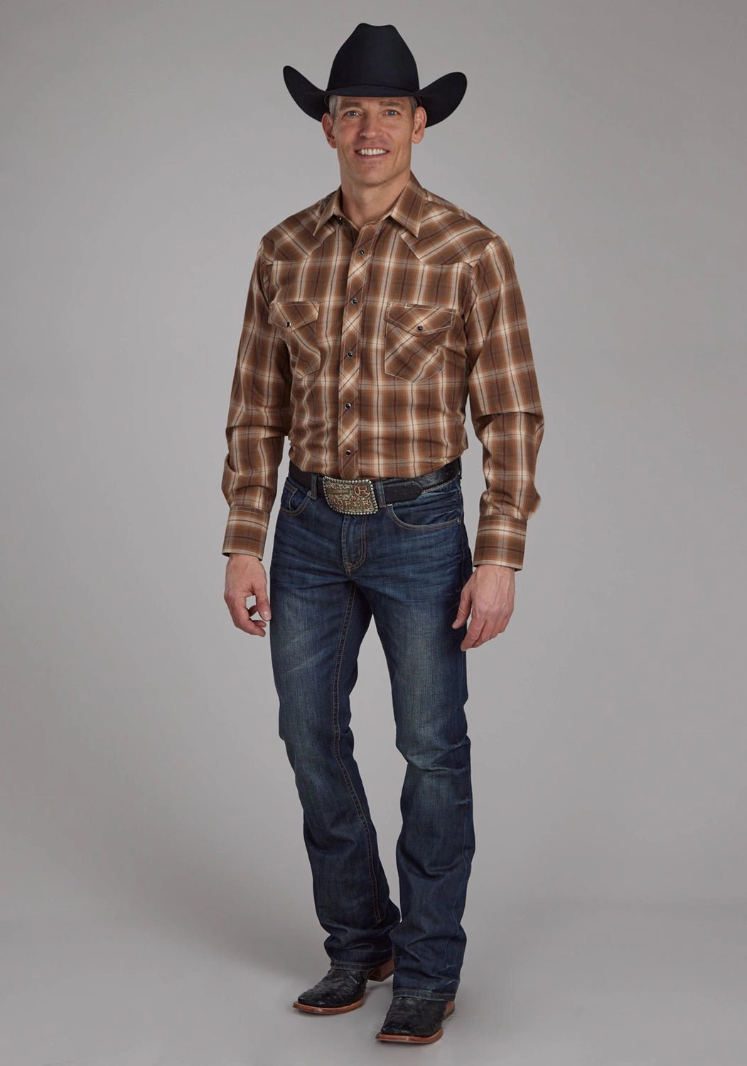 Adjustable Cuff Closure Roper Mens 2107 Plaid Tobacco/Red Cotton Blend L/S Shirt