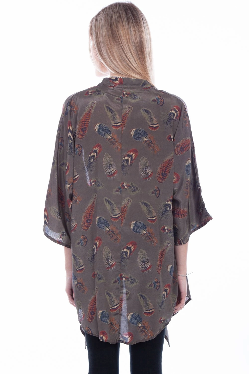 Flexible Fabric Reinforced Edging Scully Womens Sage Polyester Feathers Kimono