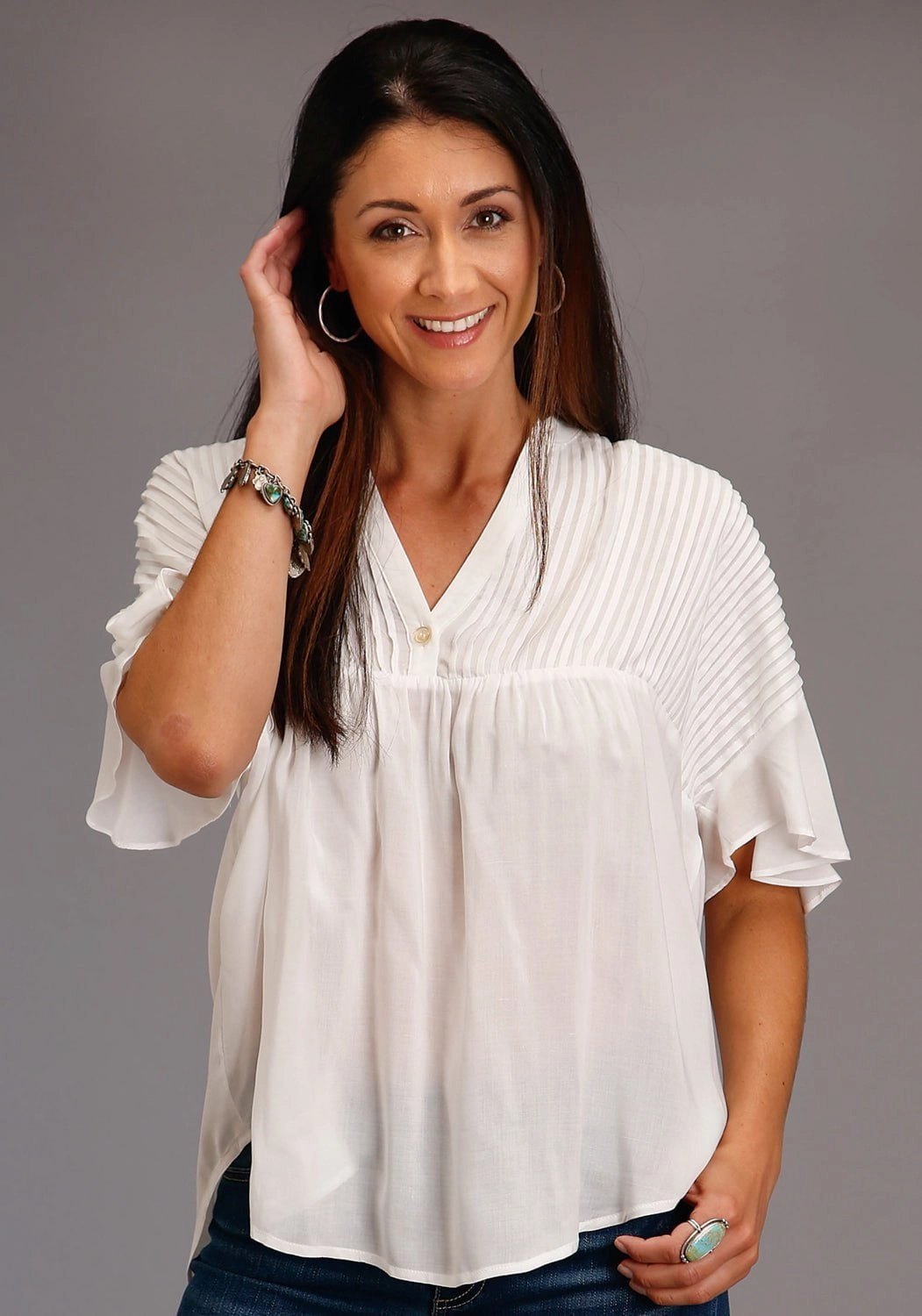 Stetson Womens Cream Rayon/Nylon V-Placket S/S Blouse Layering Piece