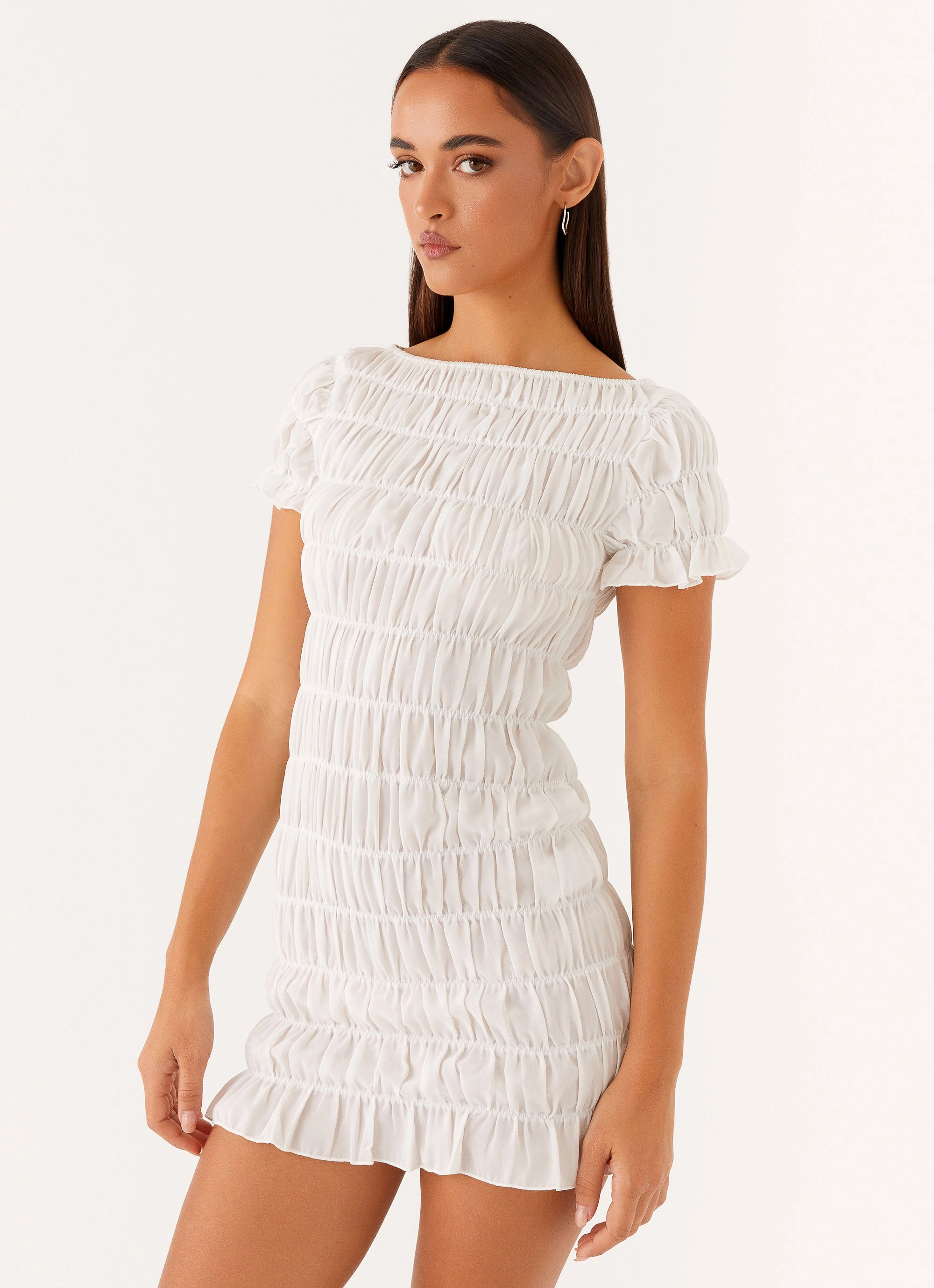 Rita Ruched Mini Dress - White Vacation Outfit Slim Touch