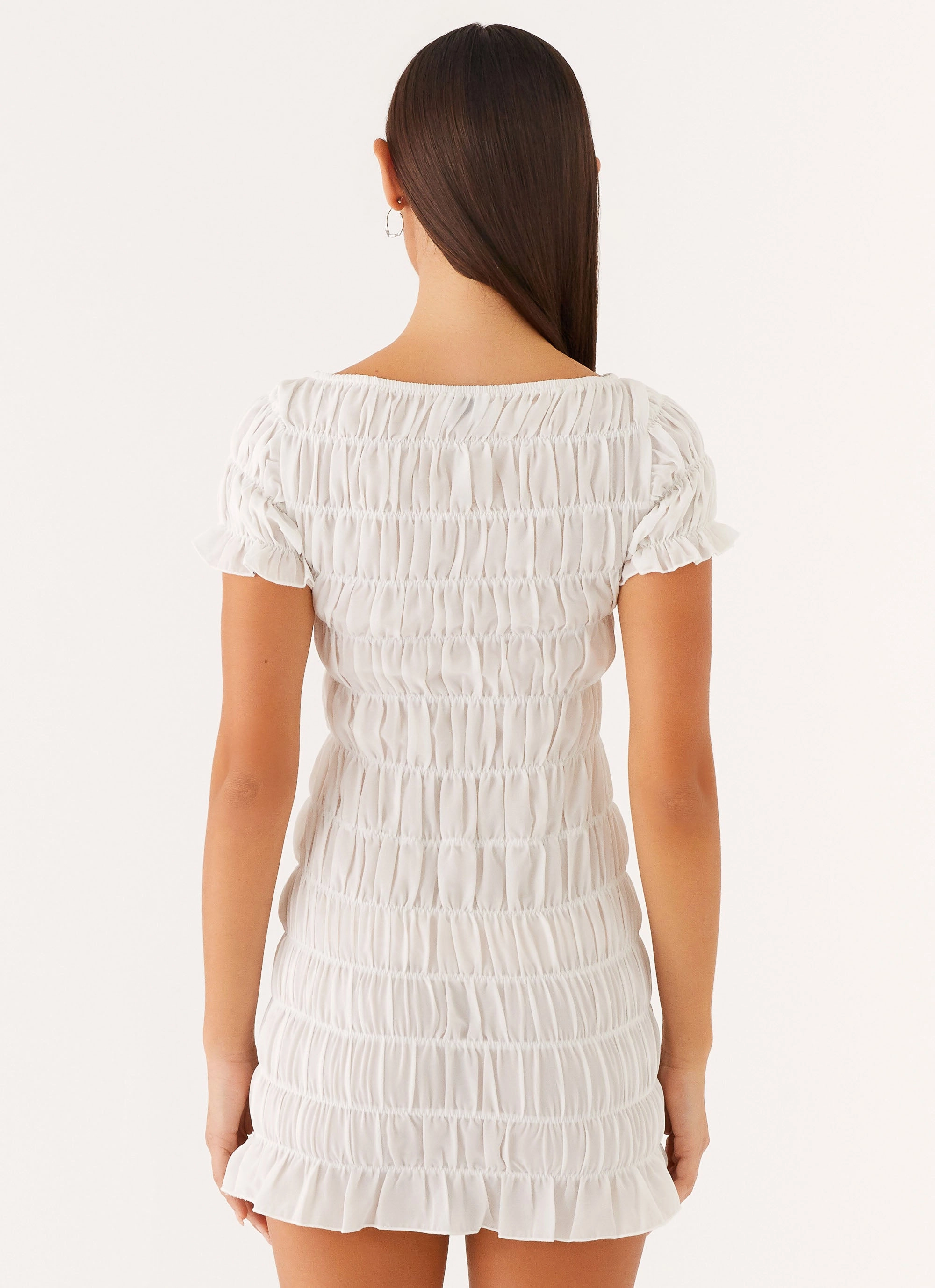 Rita Ruched Mini Dress - White Subtle pattern Classic Wardrobe Piece