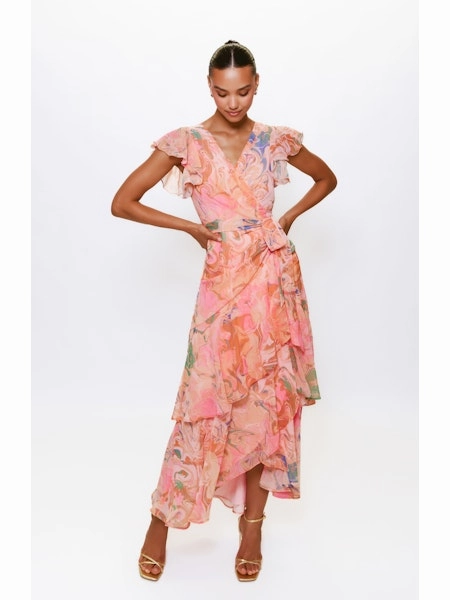 Draped Layer Formal-look Cezza Flutter Sleeve Maxi Wrap Dress in Orange Tone Marble Swirl