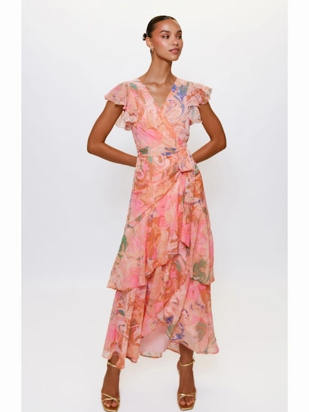 Flattering Layer Elegant holiday wear Cezza Flutter Sleeve Maxi Wrap Dress in Orange Tone Marble Swirl