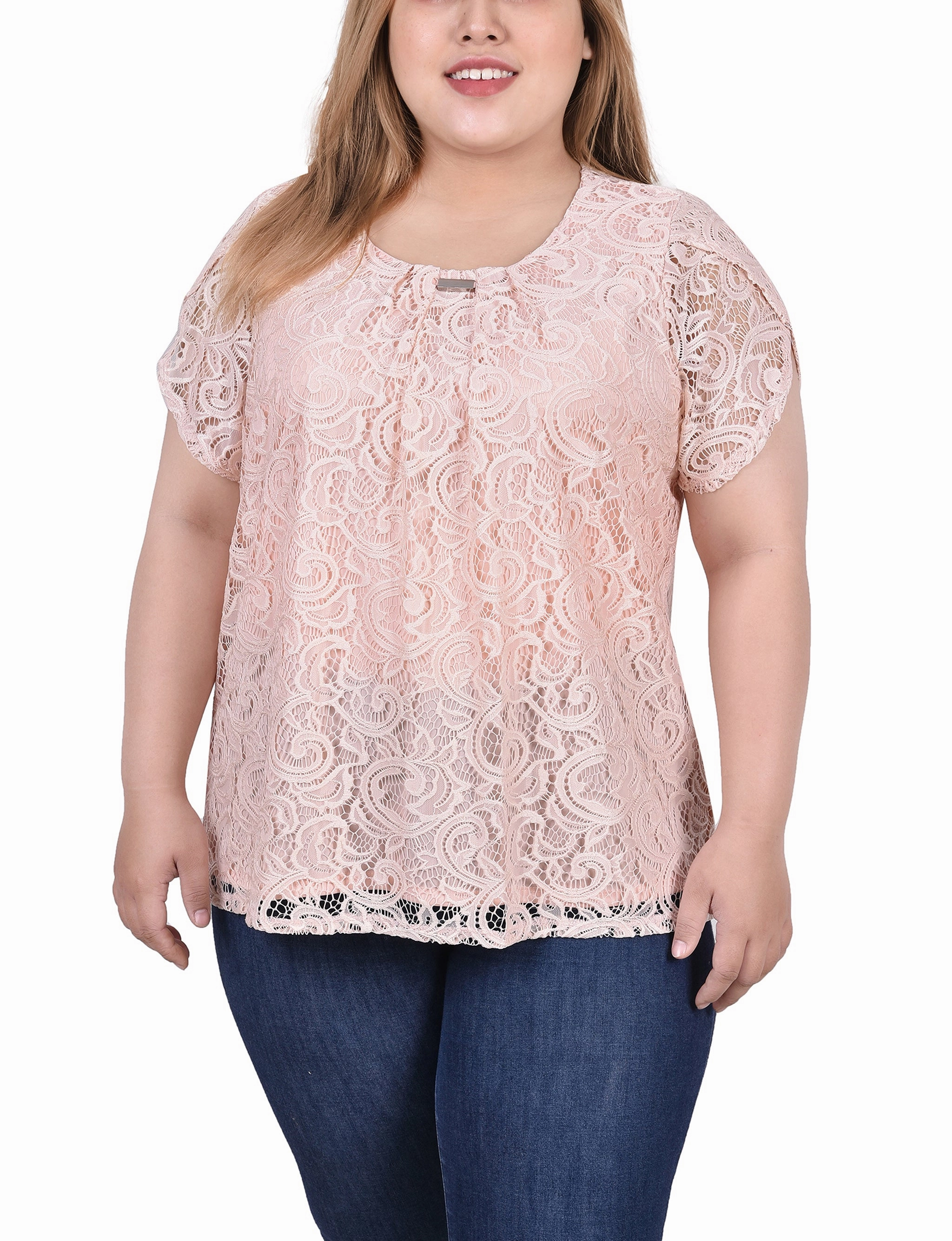 breathable-mesh Plus Size Lace Petal Sleeve Top