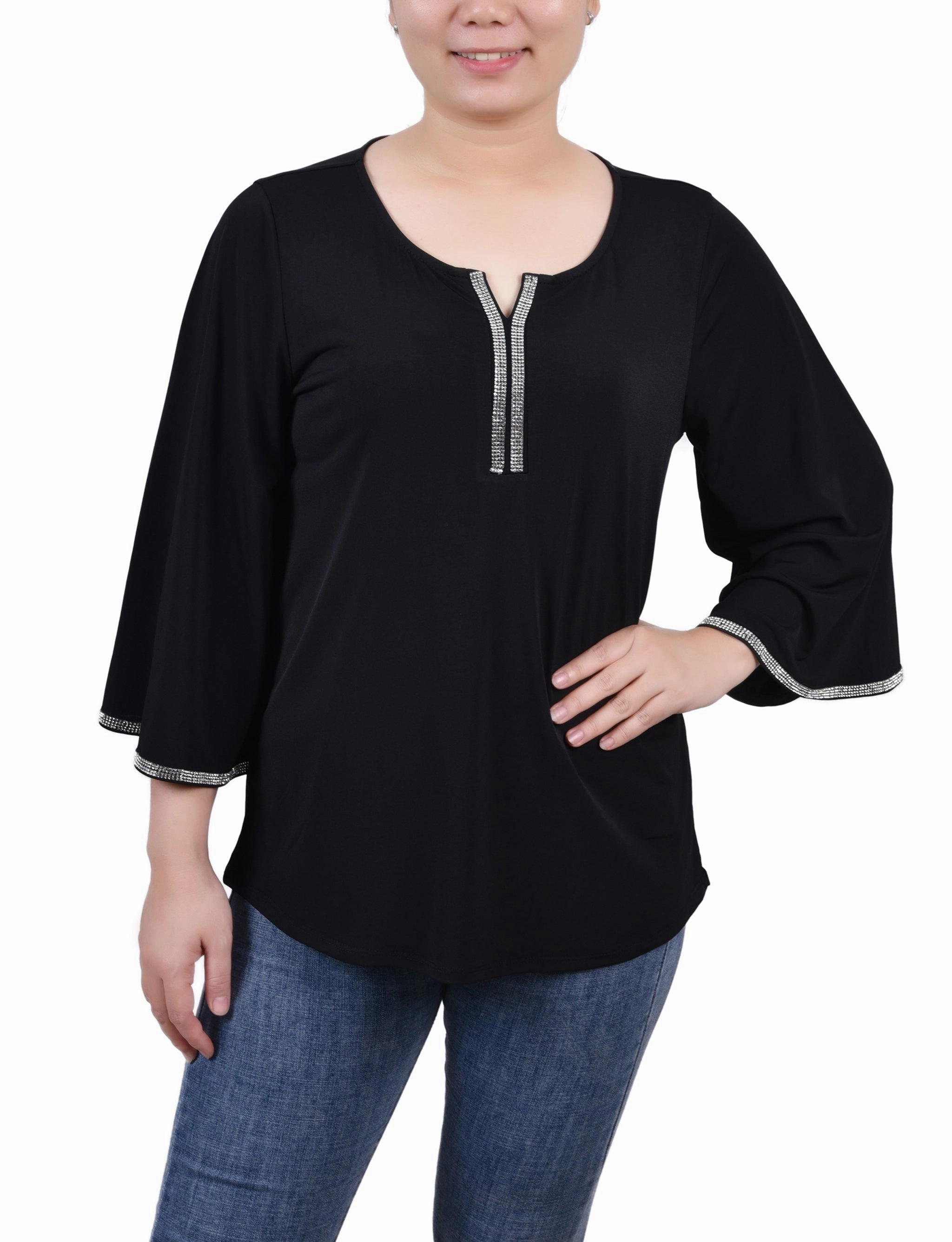 Petite 3/4 Bell Sleeve Top With Stones Wrinkle Resistant Finish