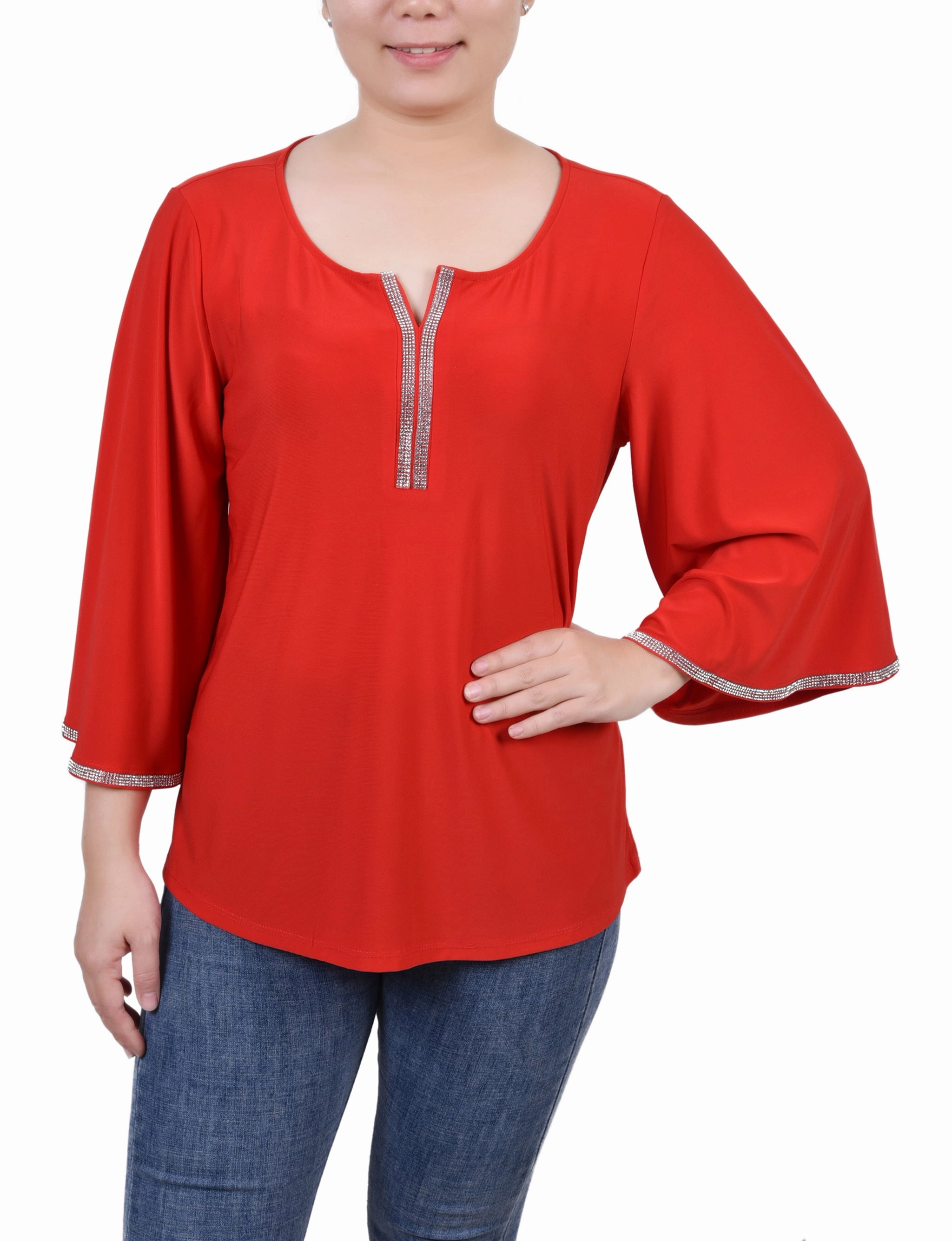 Petite 3/4 Bell Sleeve Top With Stones Simple Layered